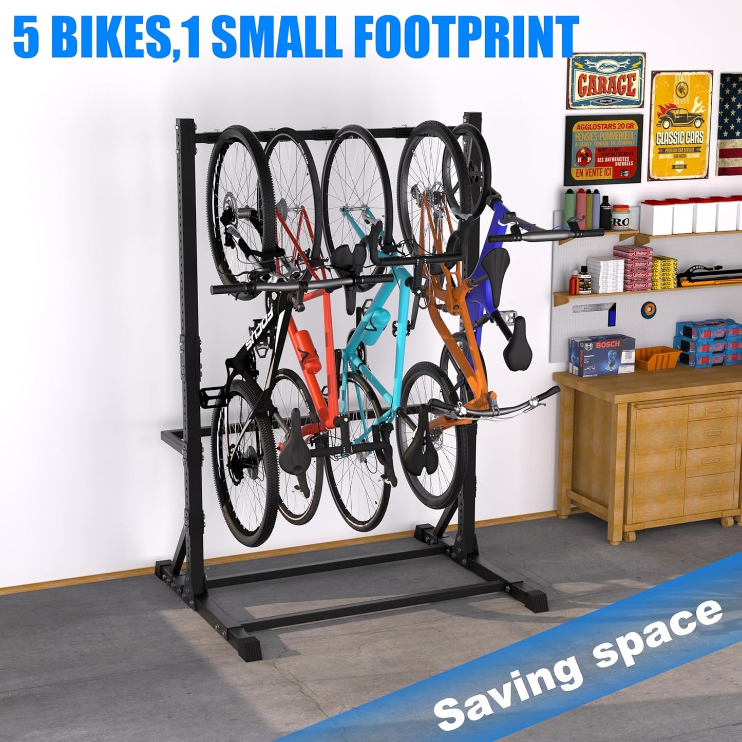 5 Bike Storage Rack, Freestanding Vertical Bicycle Stand for Garage & Indoor Use, 300 LBS Capacity - Space Saving Floor Organizer