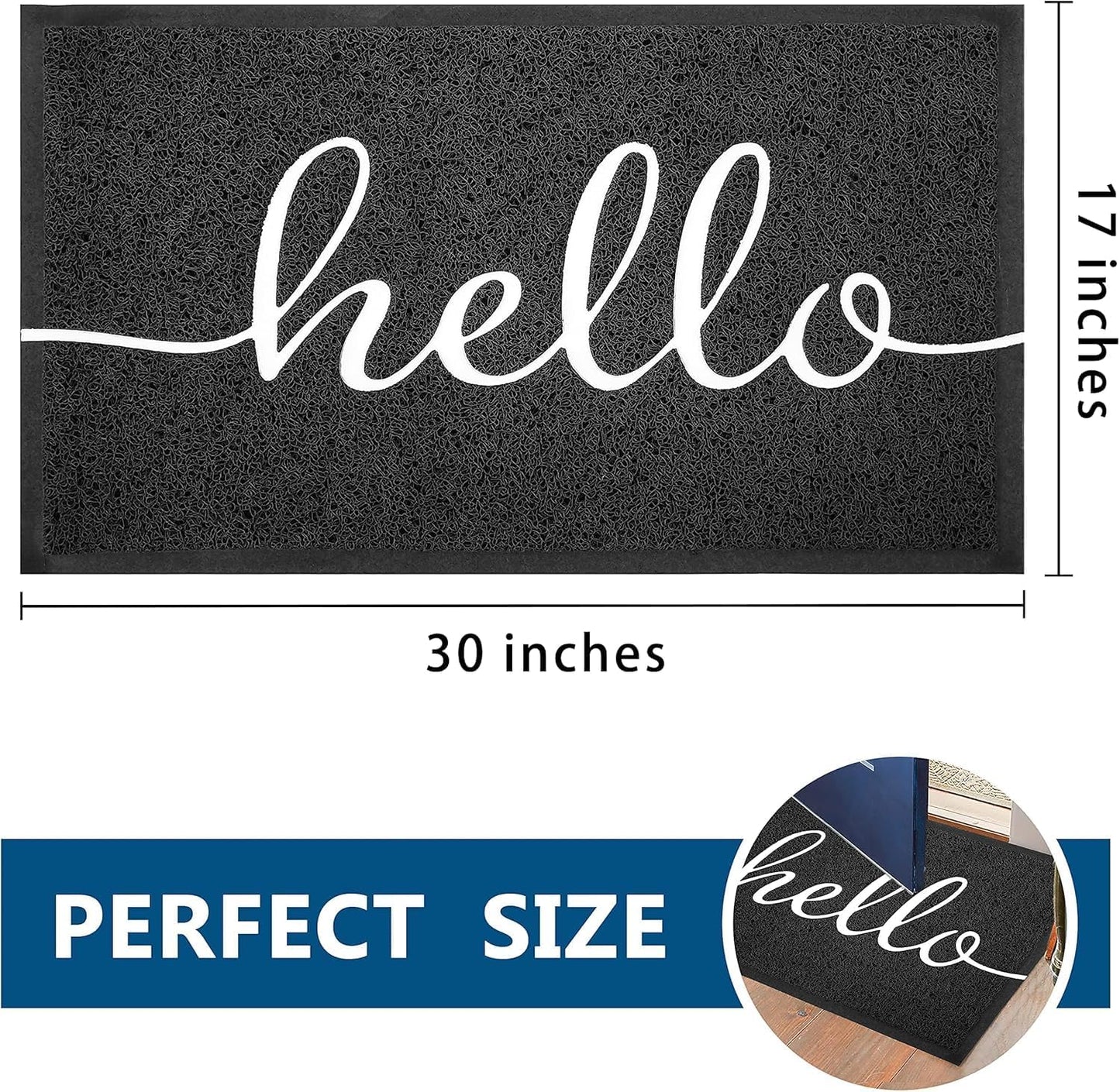 EARTHALL Door Mat Outside Inside Hello Doormat, 30"x17.5", Durable Floor Mat Non Slip Mat Ultra Absorb Mud Easy Clean Front Doormat for Garage, Entryway, Patio, High Traffic Areas, Black