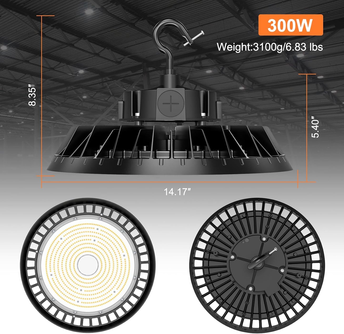 3Pack LED High Bay Lights, 300W UFO High Bay LED Shop Lights, 45000LM Adjustable CCT(5700K 5000K 4500K) & Power(300W 240W 200W), 0-10V Dimmable, 5' Cable Plug, IP65 Waterproof, ETL & DLC Listed