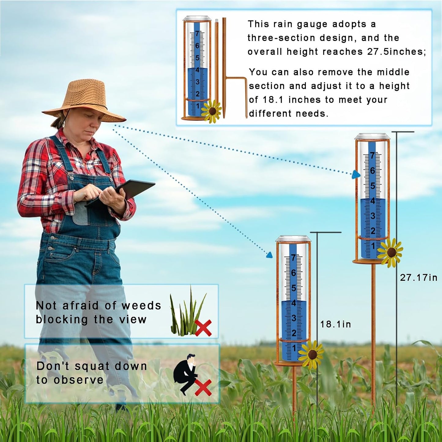Rain Gauge Outdoor, Freeze Proof Rain Gauges Outdoors Best Rated,7" Capacity Detachable Rain Guage with Stake for Yard,Lawn & Garden,Large Clear Number and Scale Rain Measure Gauge Water Meter