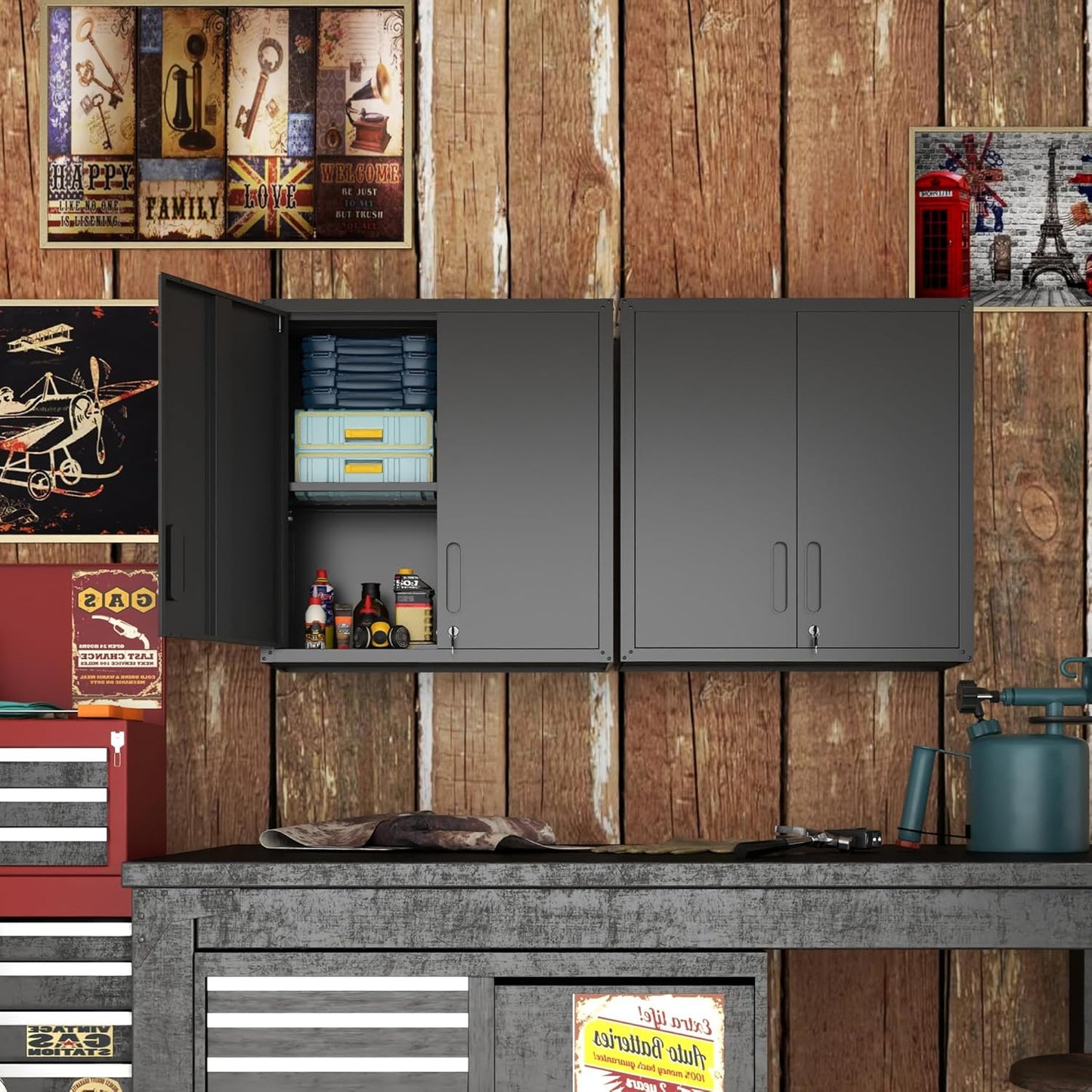 Garage Wall Cabinet with Doors and Shelves, Metal Wall Mounted Storage Cabinet with Lock, Hanging Tool Cabinet for Garage Utility Room, Black