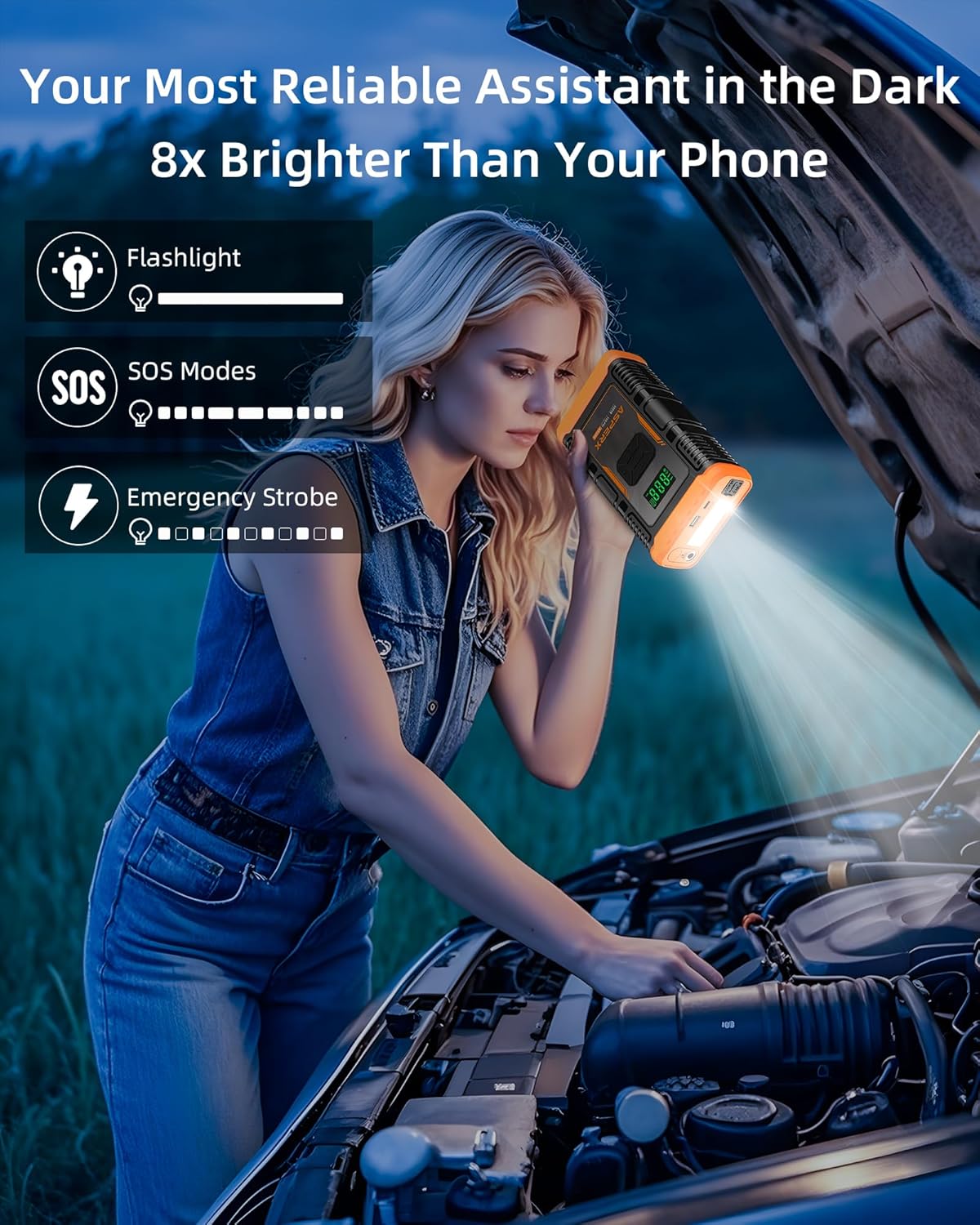 ASPERX Jump Starter with Air Compressor,【Upgrade & Safety Certs】10L Gas/8L Diesel(Almost All Cars) 12V Jumper Box Car Battery Jumper Starter Portable with Tire Inflator, Jumper Cables, Display & Light