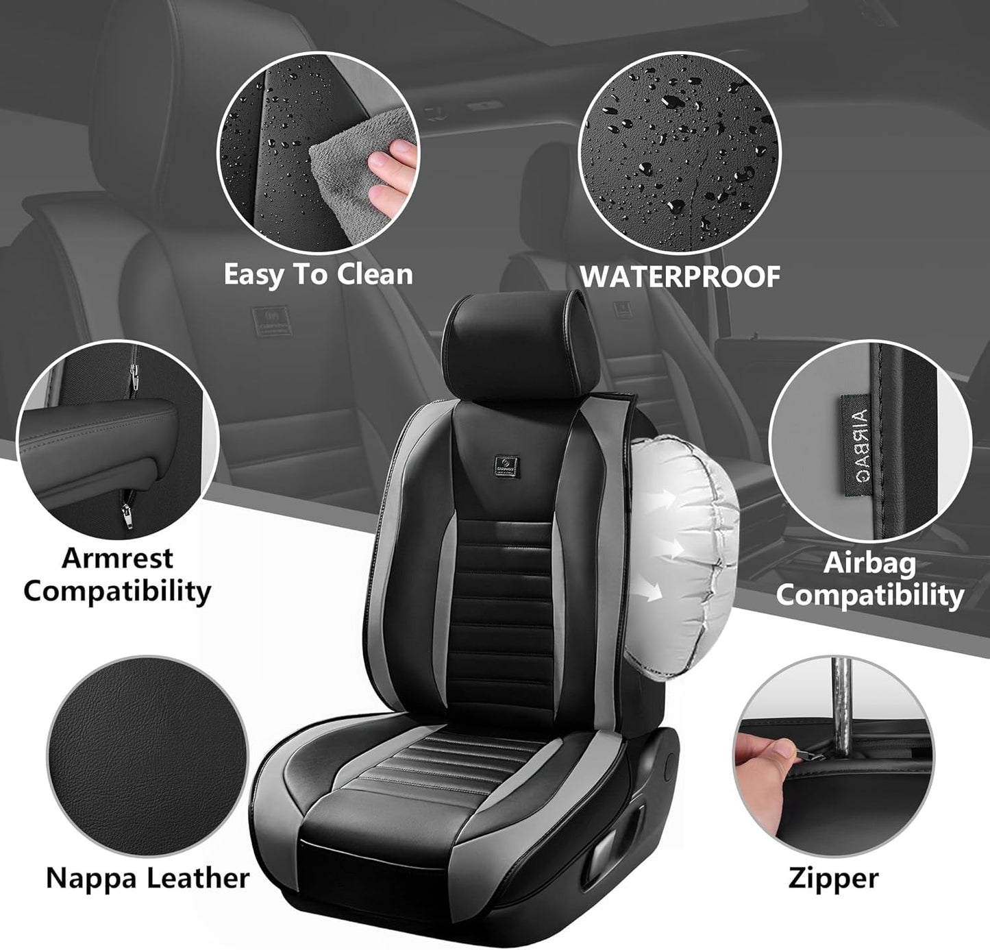 CAR PASS Nappa Leather Car Seat Covers Front Seats, Luxury Seat Protector for Cars, Waterproof Anti-Slip Seat Cushion Armrest Compatible Airbag Universal for SUV Pick-up Truck Automotive, Black Gray