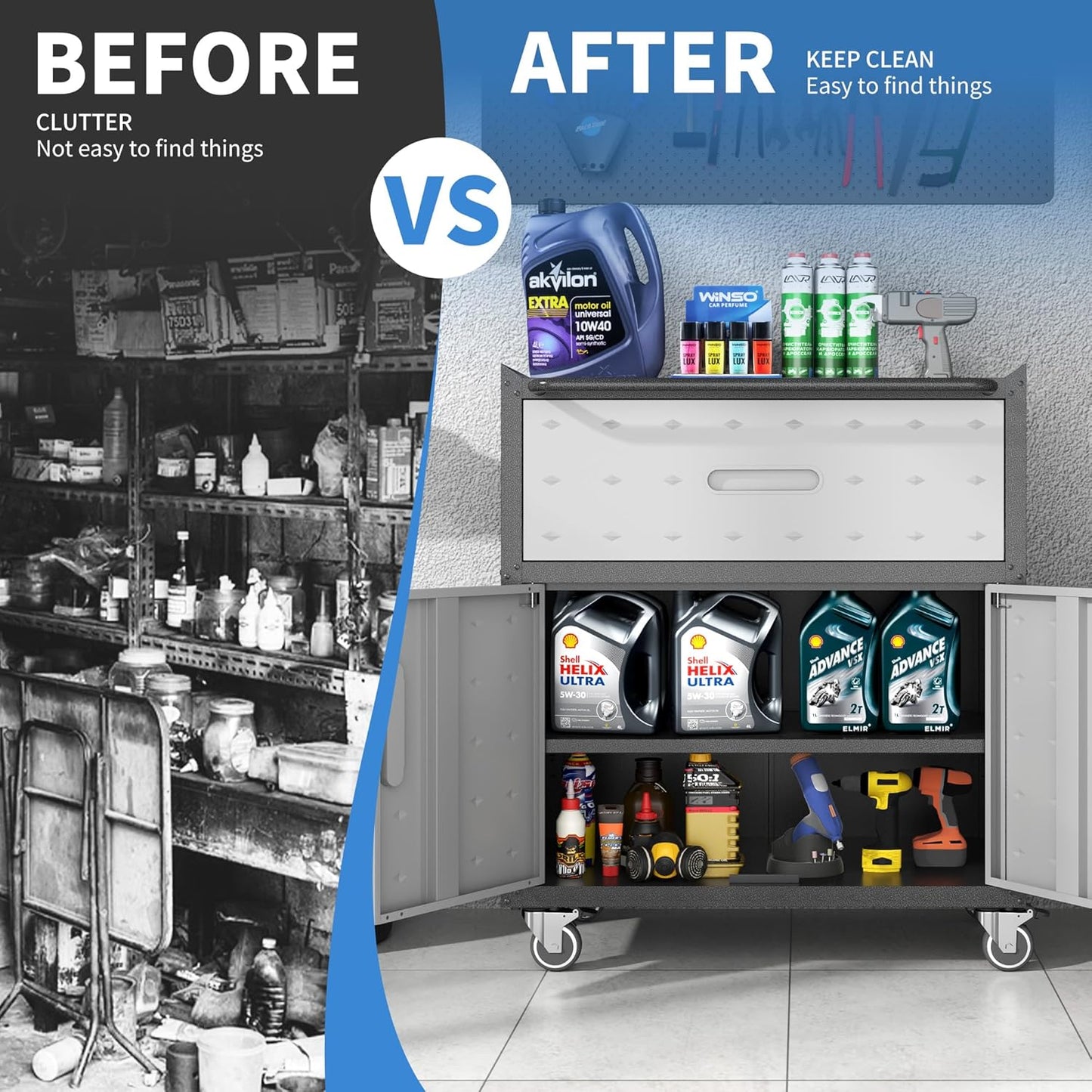 Metal Storage Cabinet with Wheels, Rolling Tool Cabinet with Adjustable Shelve, Locking Garage Storage Cabinet with 1 Drawer and 2 Doors for Tools, Assembly Required (Black/Grey)