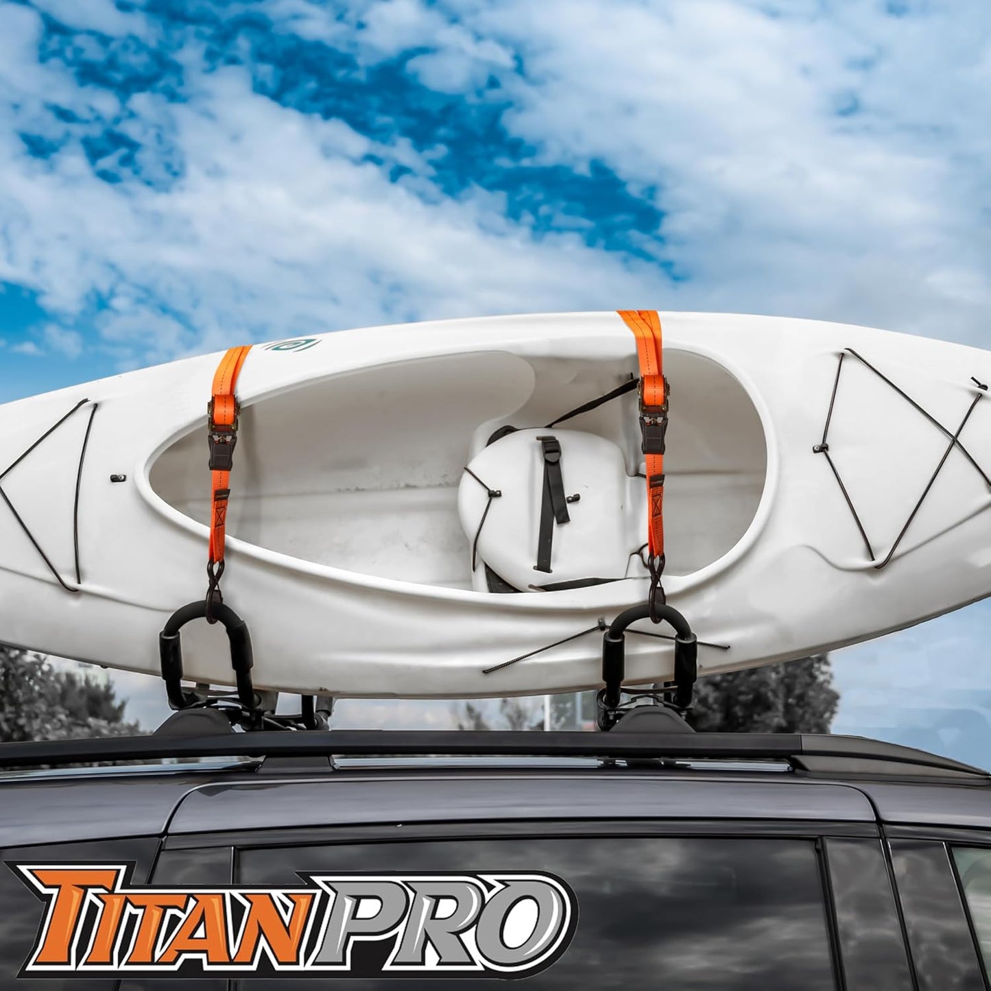 TitanPro Heavy Duty Ratchet Straps 4-Pack - 2,200lb Break Strength, 1" x 15' Rachet Tie Downs with Padded Handles - Heavy Duty, Truck, Motorcycle, Moving Straps (Orange)