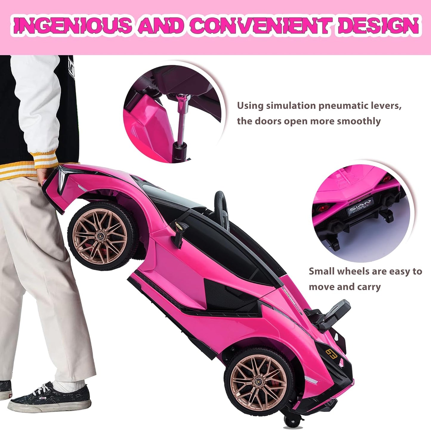 Licensed Lamborghini SIAN Kids Electric Ride On Car Toy by TOBBI, 12V Battery Powered Vehicle with Parent Remote Control for Toddlers 3-6 to Drive w/Functions/Seatbelt/Horn/LED Lights-Pink