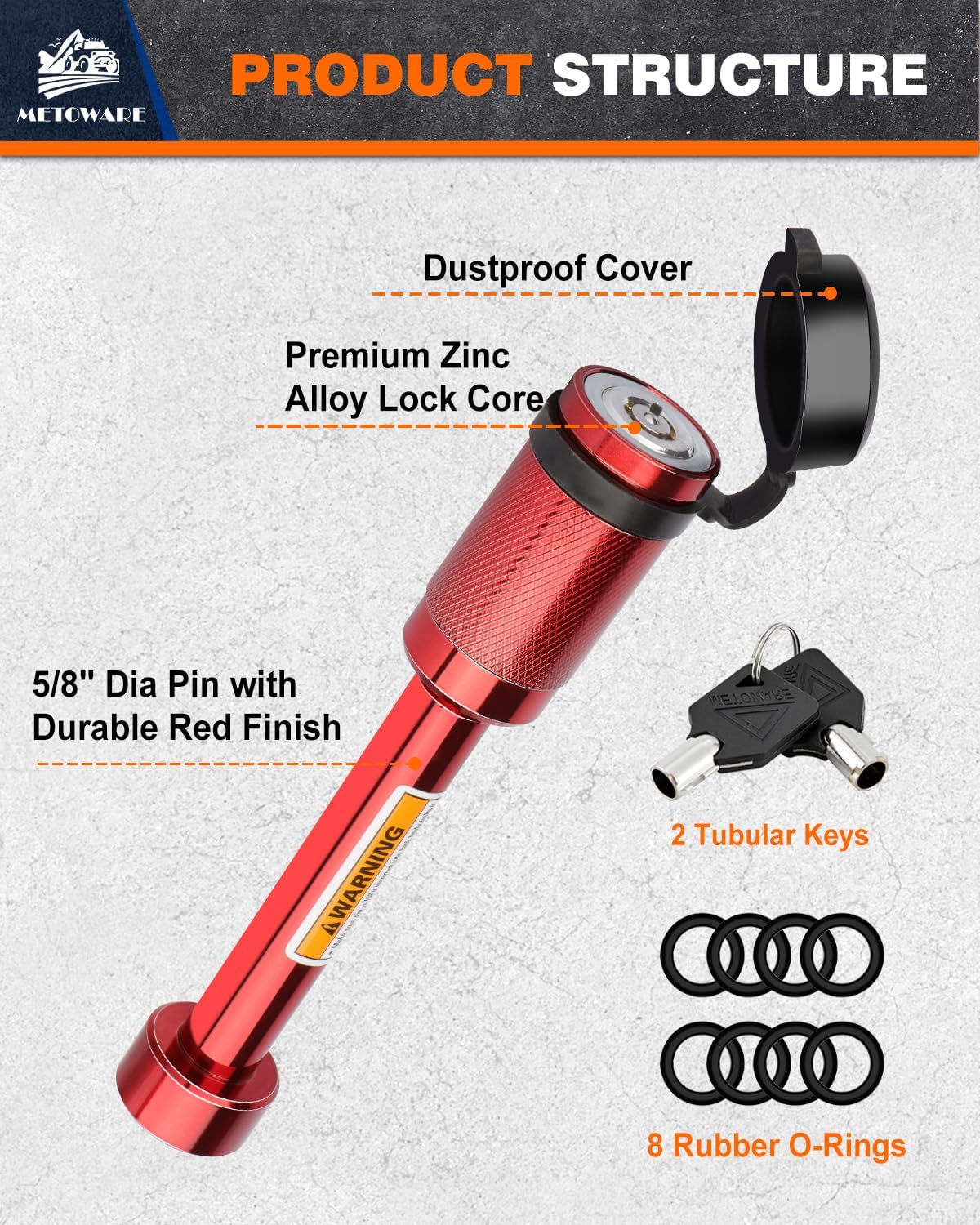 METOWARE Trailer Hitch Lock, Tailer Receiver Lock Fits Class III/IV, 2", 2-1/2" Hitch Receiver with 5/8" Dia Pin and 8 Rattle Rubber O-Rings, for Trailer, Truck, Car, Boat (Red)
