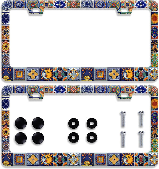 【2Pcs】 Mexican Tiles License Plate Frames Mandala Boho License Plate Frame Car Universal Stainless Steels Accessories Cars Decor with 2 Holes and Screws Fits Standard US Vehicles Size: 12.2 x 6 Inches