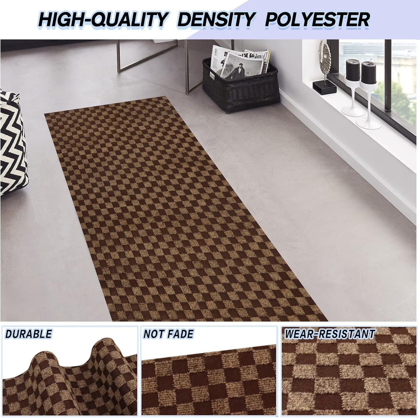 Custom Size Backed Non-Slip Area Rugs Runner, Easy Clean, Waterproof Runner Rugs for Hallway Entryway, Kitchen, Laundry, 4FT x 31FT, Brown Checkered