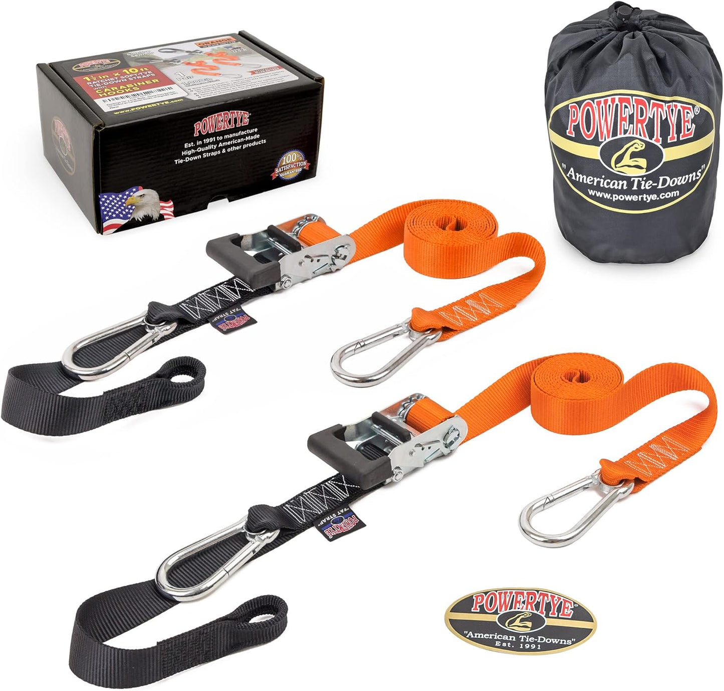 PowerTye - Made in USA - Extra Long Ratchet Tie Down Straps, Heavy Duty with Carabiner Hooks, Soft-Tye & Bag, for Motorcycle, ATV & Cargo, 1,000 lb WLL, 1.5 inch x 10ft Long, Orange/Black (Pair)