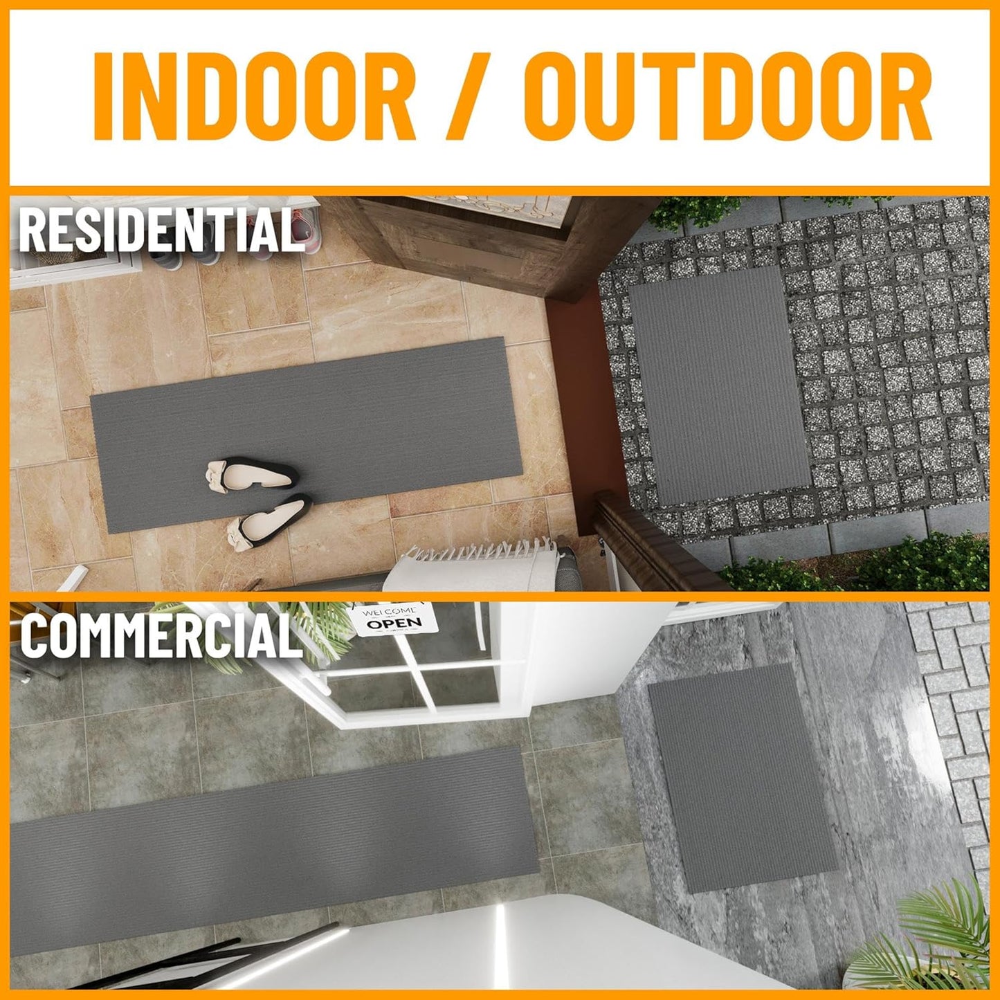 Ottomanson 2' x 28' Hallway Runner with Scraper Pile Extra Durable Non-Slip Rug Mat for Indoor & Outdoor Use - Ideal for Kitchen, Entryway, Patio & Garage - High-Traffic Carpet, Gray