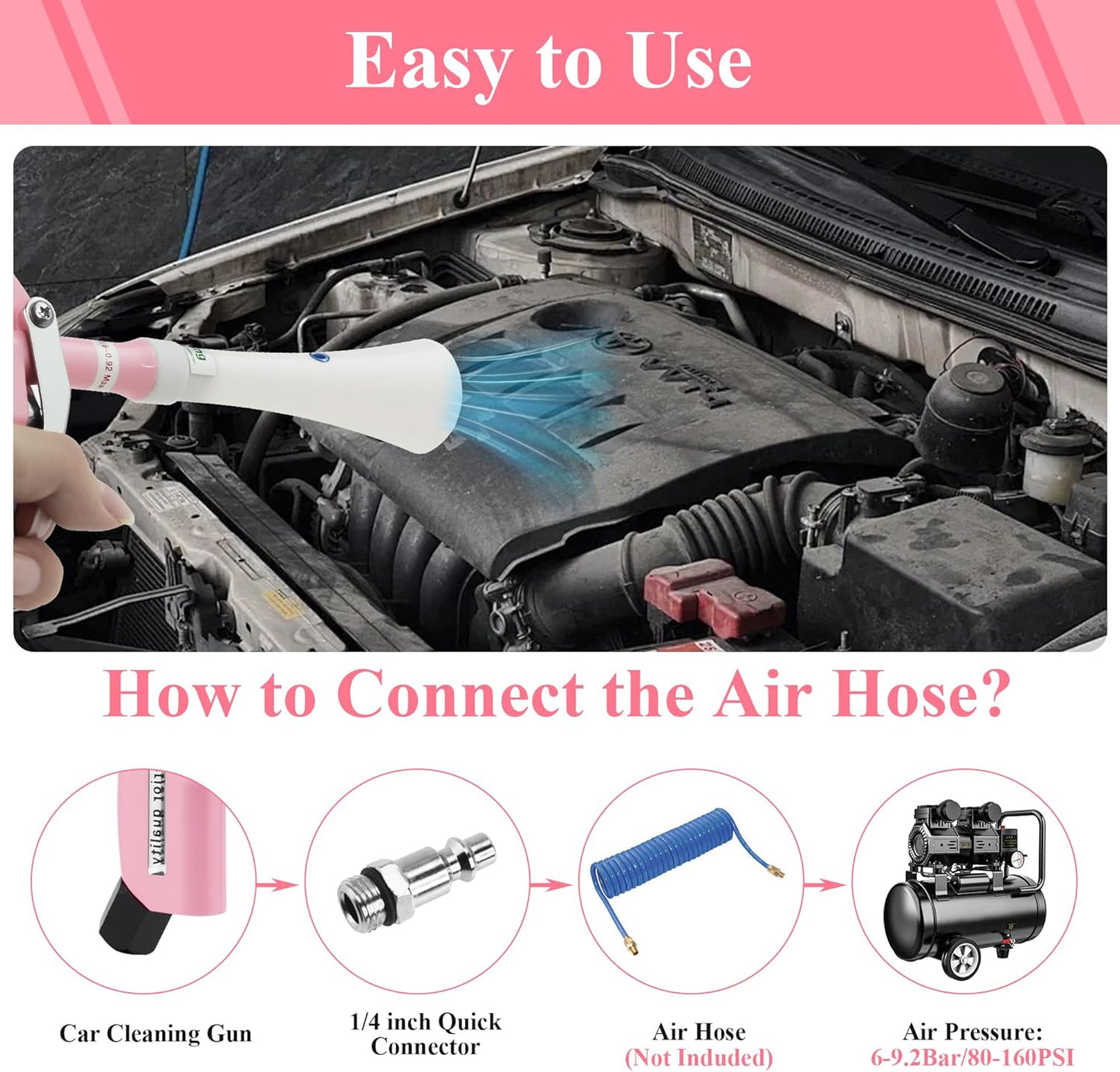 Tornado Dry Cleaning Gun Detailing Interior Dryer Air Blow Gun High Pressure Blower Gun for Women Car Detailing Kit Interior Cleaner Works with Air Compressor and Quickly Removes Surface Dirt Pink
