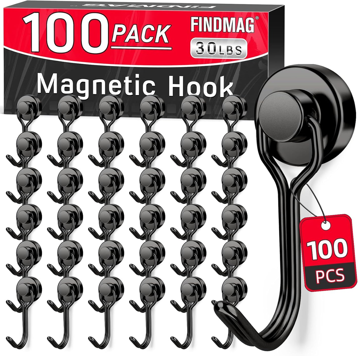 FINDMAG 100 Pack Magnetic Hooks, 30 LB+ Magnetic Hooks for Cruise Cabins, Strong Rare Earth Magets with Hooks for Refrigerator, Magnetic Hanger for Office, Kitchen, Bathroom, Garden, Beach, Black