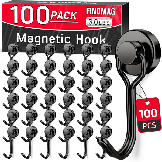 FINDMAG 100 Pack Magnetic Hooks, 30 LB+ Magnetic Hooks for Cruise Cabins, Strong Rare Earth Magets with Hooks for Refrigerator, Magnetic Hanger for Office, Kitchen, Bathroom, Garden, Beach, Black