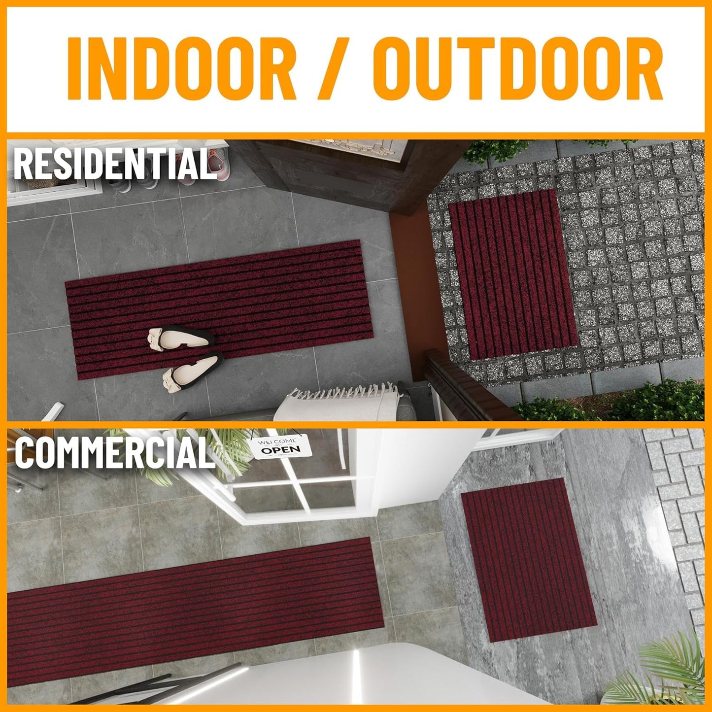 Ottomanson 2' x 10' Hallway Runner with Scraper Pile - Extra Durable Non-Slip Rug Mat for Indoor & Outdoor Use - Ideal for Kitchen, Entryway, Patio & Garage - High-Traffic Carpet, Red