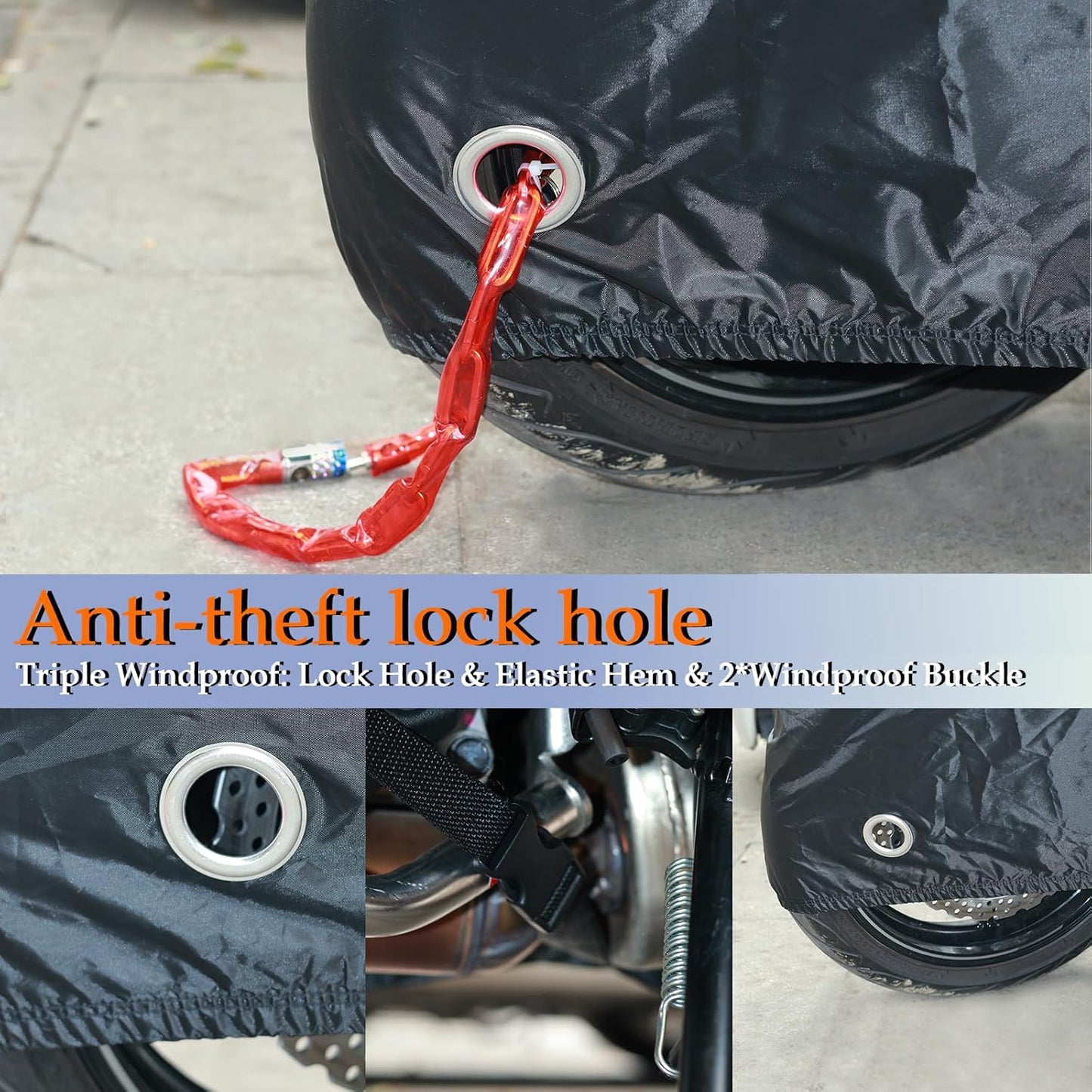 Motorcycle Cover, 210D Oxford Cloth, with Reflective Stripes, Waterproof Outdoor Protection, All-Weather Universal car Cover, with Lock Holes and Storage Bag. (All Black, 90.5")