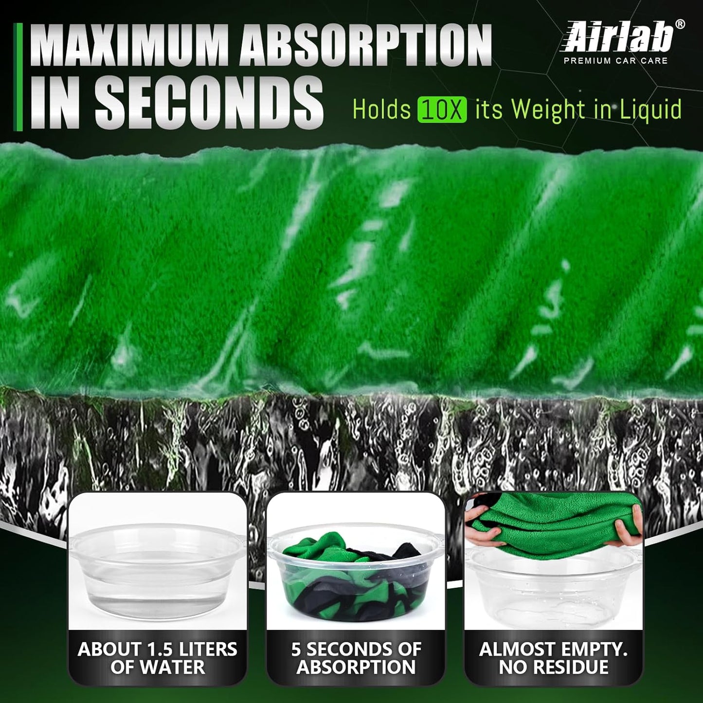 Airlab Microfiber Towels for Cars Wash Drying Thick Plush Cleaning Cloth Auto Detailing Super Absorbent for Interior & Exterior Lint Free, Streak Free, 35 x 24 Inch, 500 GSM, Pack of 2, Grey-Green