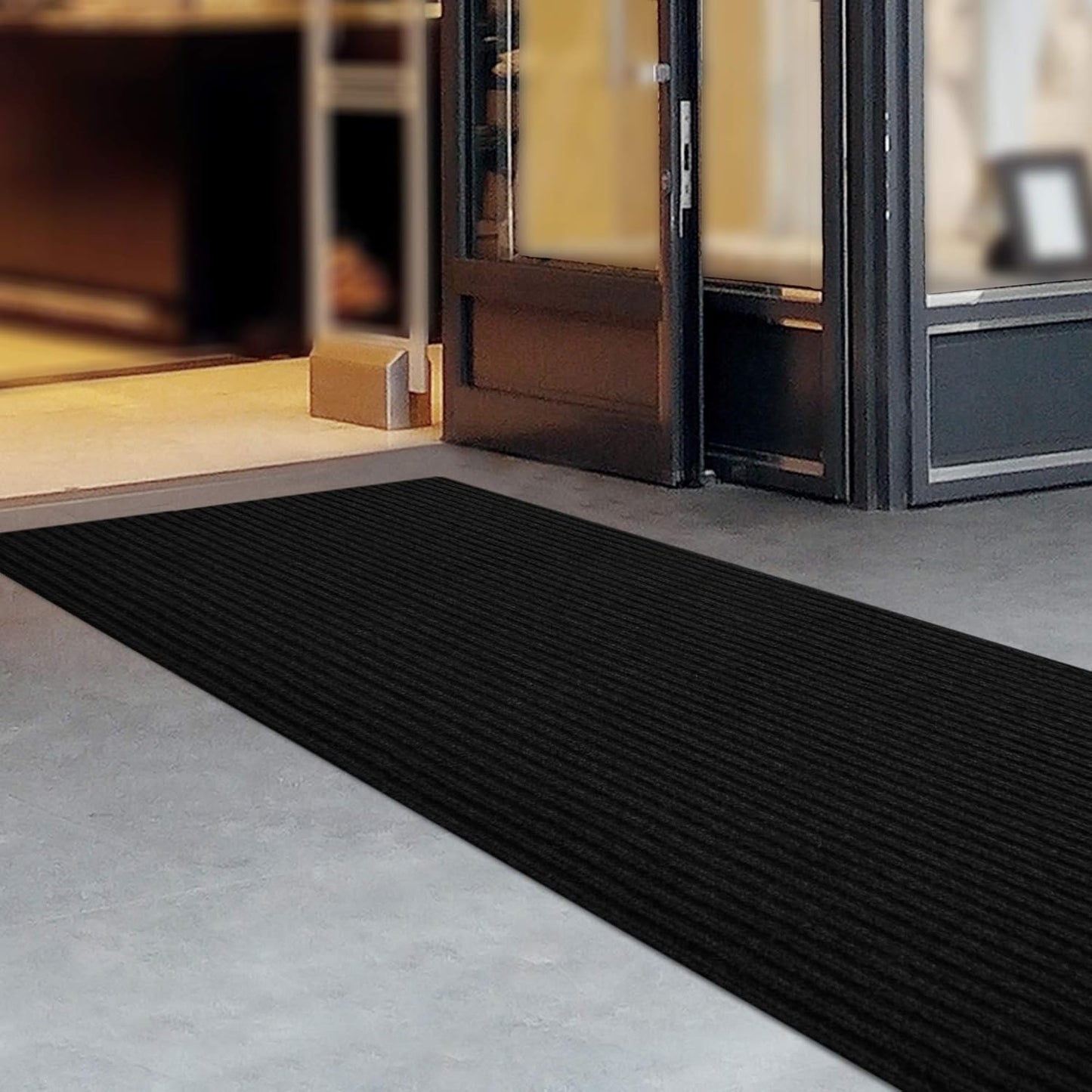 iCustomRug Spartan Weather Warrior Indoor/Outdoor Utility Ribbed Carpet Runner with Non-Slip Thermoplastic Rubber Backing, 3ft X 4ft Black