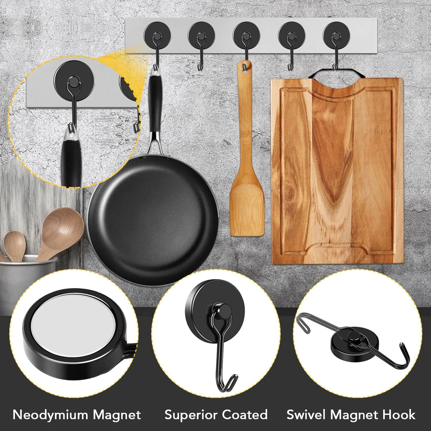 MIKEDE Strong Magnetic Hooks, 110LB Swivel Magnetic Hooks Cruise, Black Neodymium Magnet Hooks Heavy Duty for Hanging, Grill, Cruise Cabins, Refrigerator, Grill, Kitchen, Locker - Pack of 12