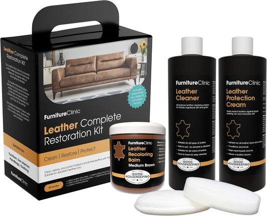 Furniture Clinic Leather Complete Restoration Kit | with Leather Recoloring Balm, Cleaner, 2-in-1 Protection Cream & Conditioner, Sponge, and Cloth | Repair Kit for Furniture (Medium Brown)