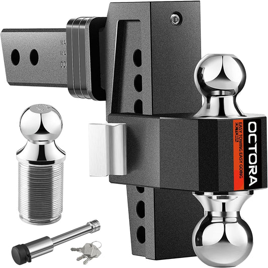 Adjustable Trailer Hitch (Fits 2-Inch Receiver) - Aluminum Tow Hitch with 6-Inch Drop/Rise for Truck (12,500 LBS GTW) - Double Anti-Theft Locking Hitch Pins (Black, 2.0inch-6Drop-Tri Ball)