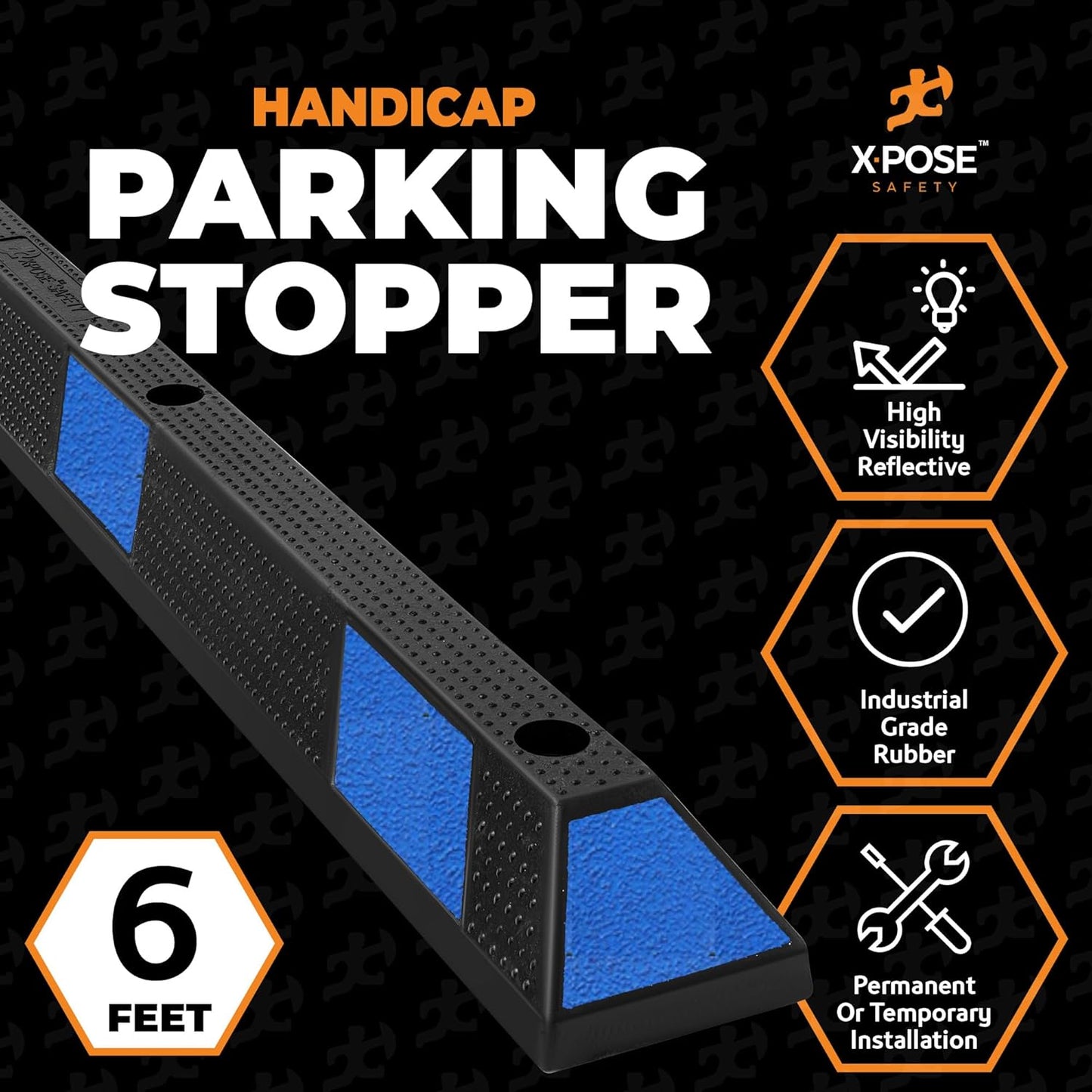 Xpose Safety 72" Heavy Duty Rubber Parking Stopper – Bulk 2 Full Pallets 100 Pack Wheel Blocks for Garage, Driveway, or Ramp – Car Bumper Stop with Blue Reflective Strips – Removable Floor Mount