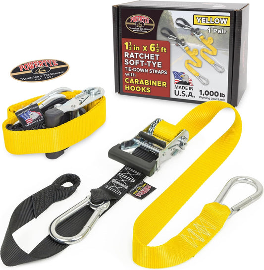 PowerTye - Made in USA - Heavy Duty Ratchet Tie Down Straps with Carabiner Hooks & Sewn-in Soft-Tye, for Motorcycle, ATV, Trailer & Cargo, 1,000 lb WLL, 1.5 inch x 6.5ft Long, Yellow/Black (Pair)