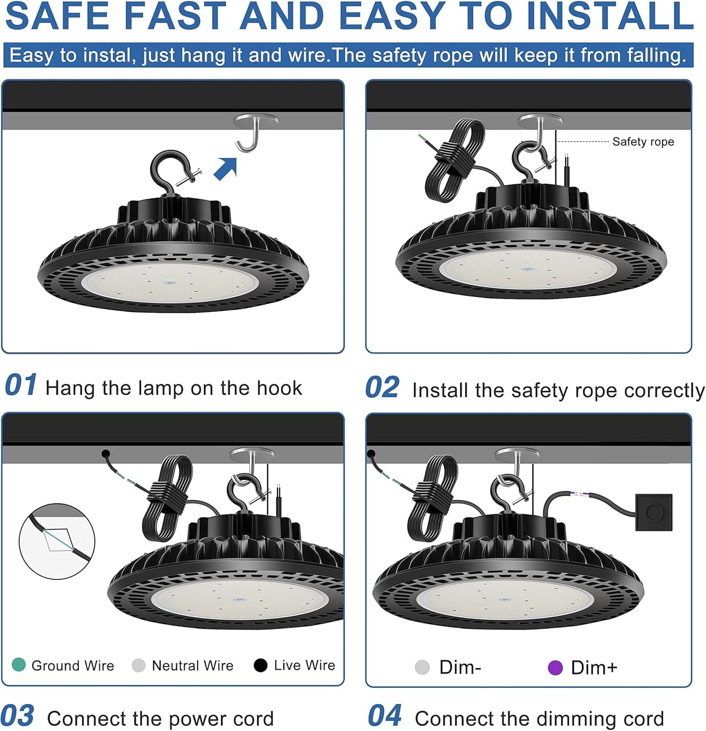 3 Pack 300W LED High Bay Light, UL&DLC Listed 41000LM Dimmable UFO High Bay LED Lights for Warehouse, 5000K Daylight IP65 Waterproof Commercial Bay Lighting 𝐀𝐂𝟏𝟎𝟎-𝟐𝟕𝟕𝐕