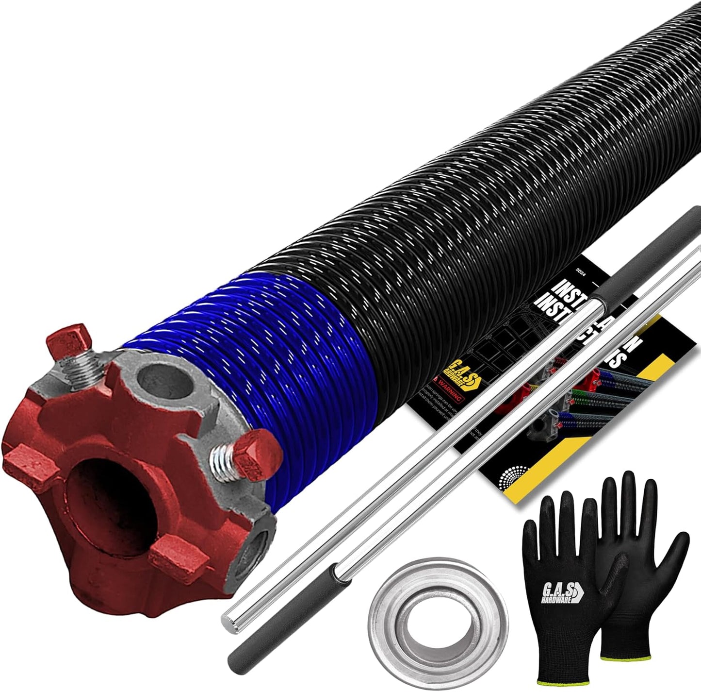 Garage Door Torsion Spring 262x1.75x37 Includes 1” Steel Bearing, Non-Slip Gloves, and Winding Bars for Left Side of Garage Door Precision E-Coating 5-Year Warranty Min. 30,000 Cycles (Red Cone)