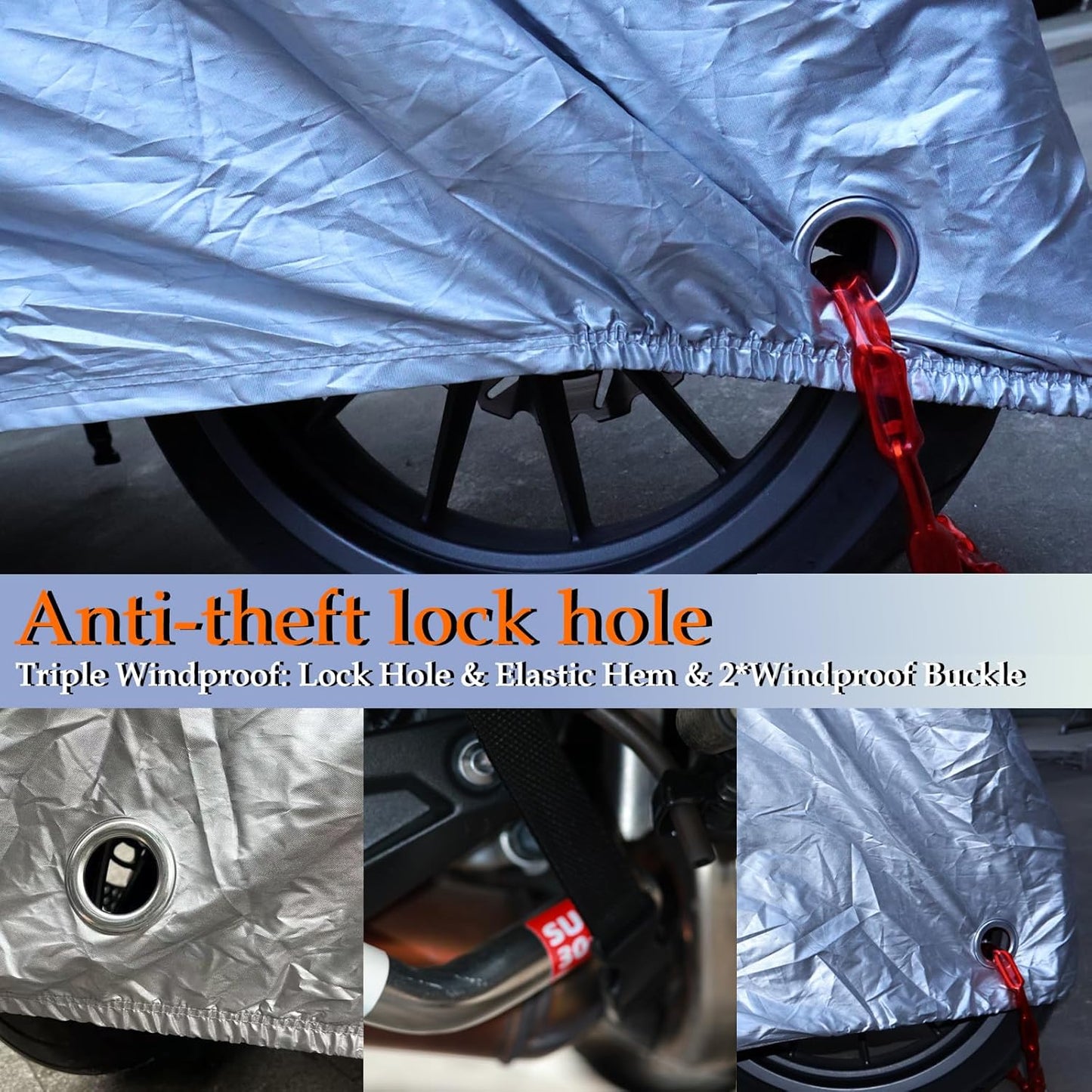 Motorcycle Cover, 210D Oxford Cloth, with Reflective Stripes, Waterproof Outdoor Protection, All-Weather Universal car Cover, with Lock Holes and Storage Bag. (Black Silver, 104")