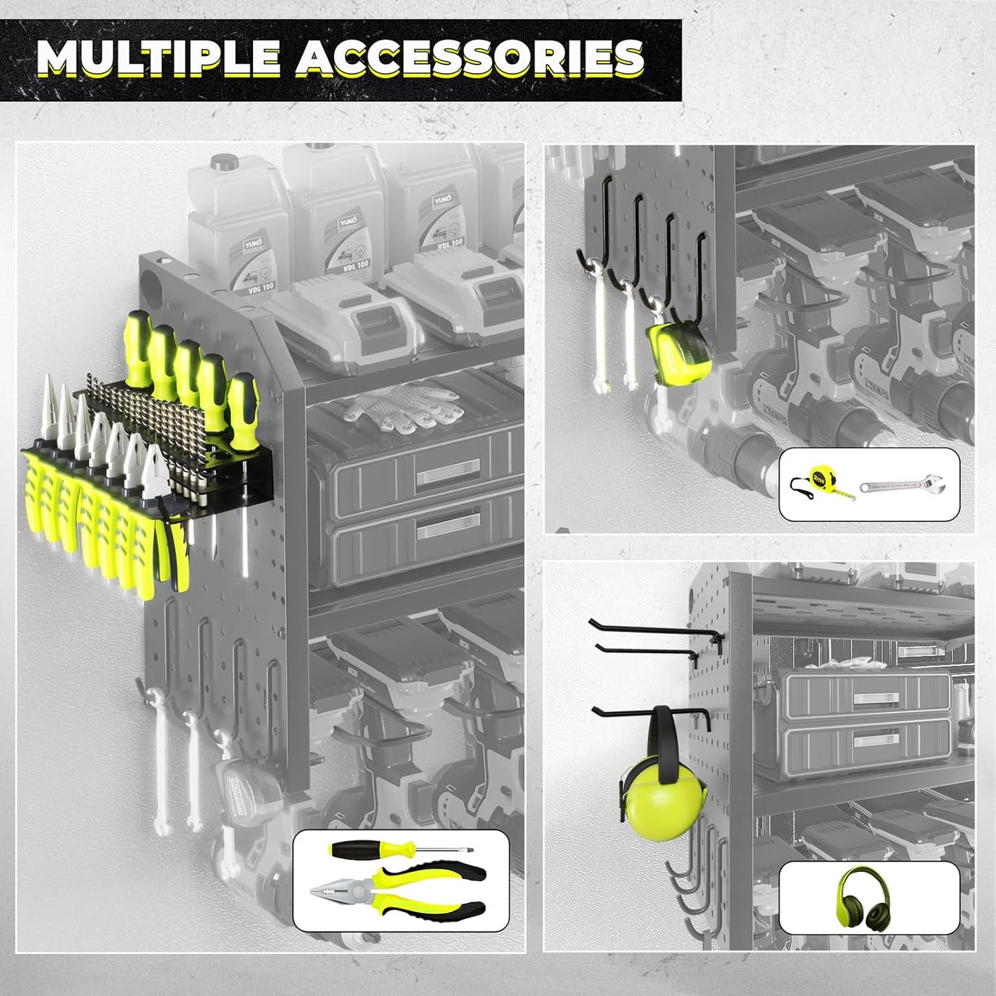 KAFAHOM Power Tool Organizer with Charging Station, Built in 8 Outlet Power Strip,Large 8 Drill Holder Wall Mount, Heavy Duty Metal Power Tool Storage Rack Tool Shelf for Garage Organization Black