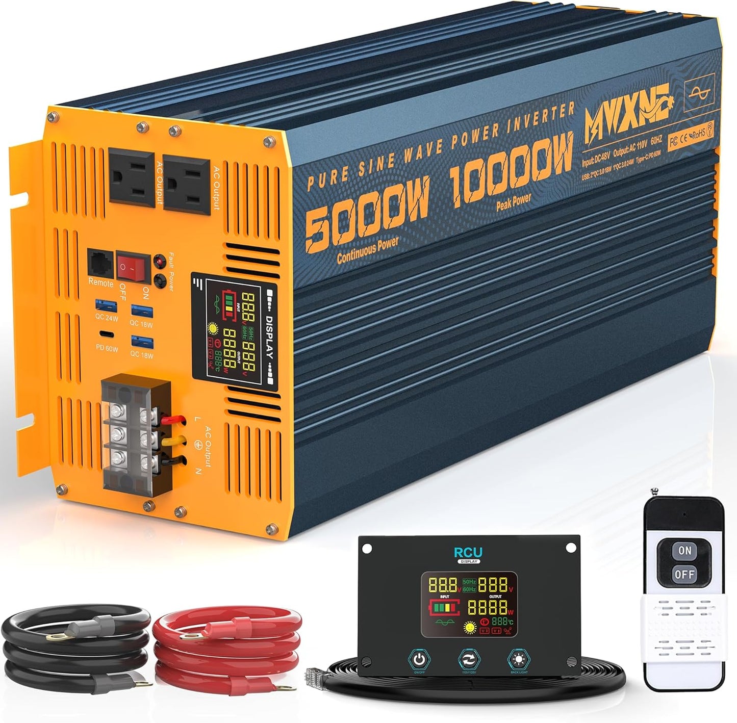 5000 Watt Power Inverter Pure Sine Wave 48V DC to 110V 120V 10000W Peak Heavy Duty Inverter with Remote Control and LED Display, 4 USB/Type-C Ports & 2 AC Outlets Car Charger for Vehicles RV