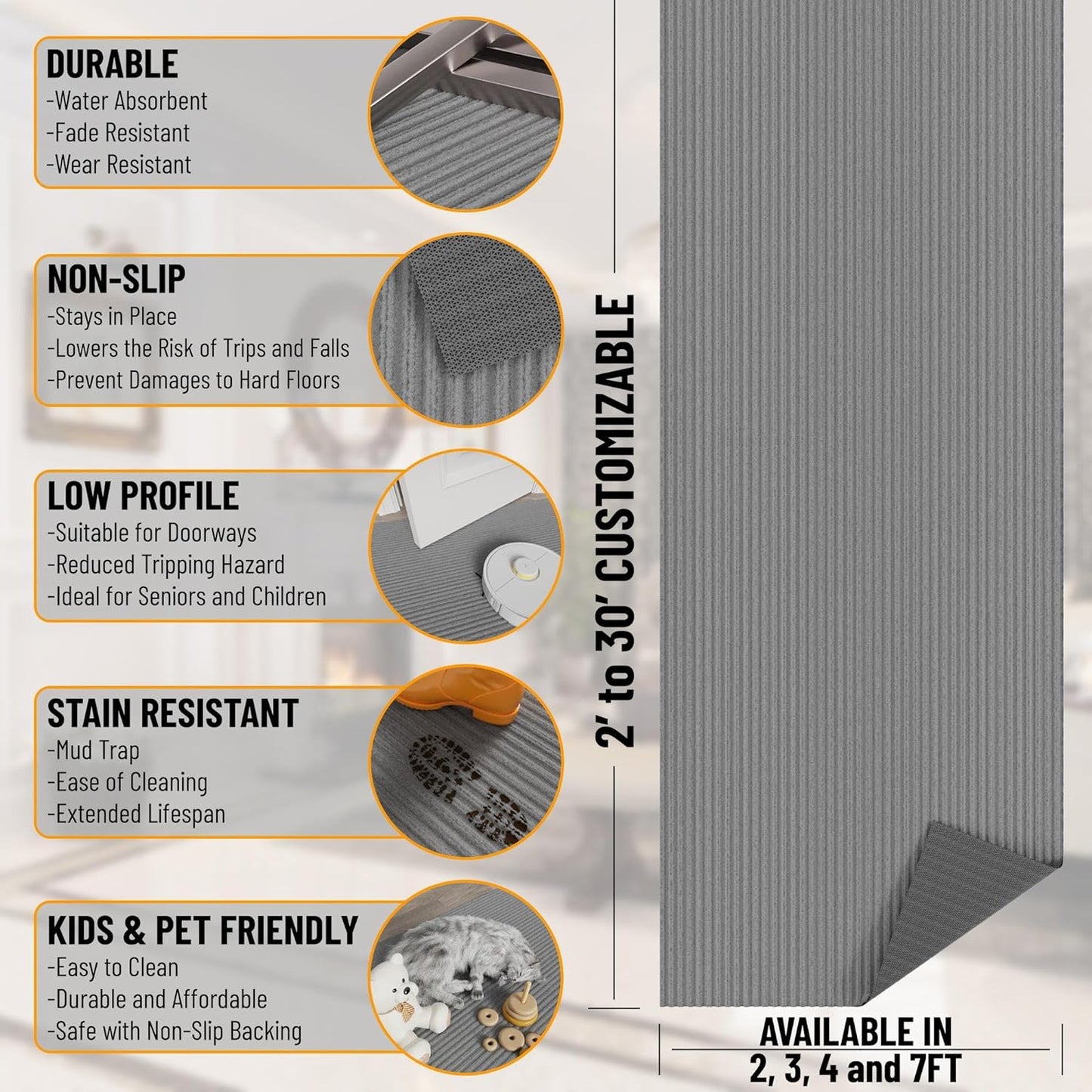 Ottomanson 6' x 6'6" Mud Mat Area Rug Scraper Carpet - Non-Slip, Dirt Trapping for Indoor & Outdoor Use - Ideal for Entryway, Garage, Kitchen, Patio & High-Traffic Areas, Gray