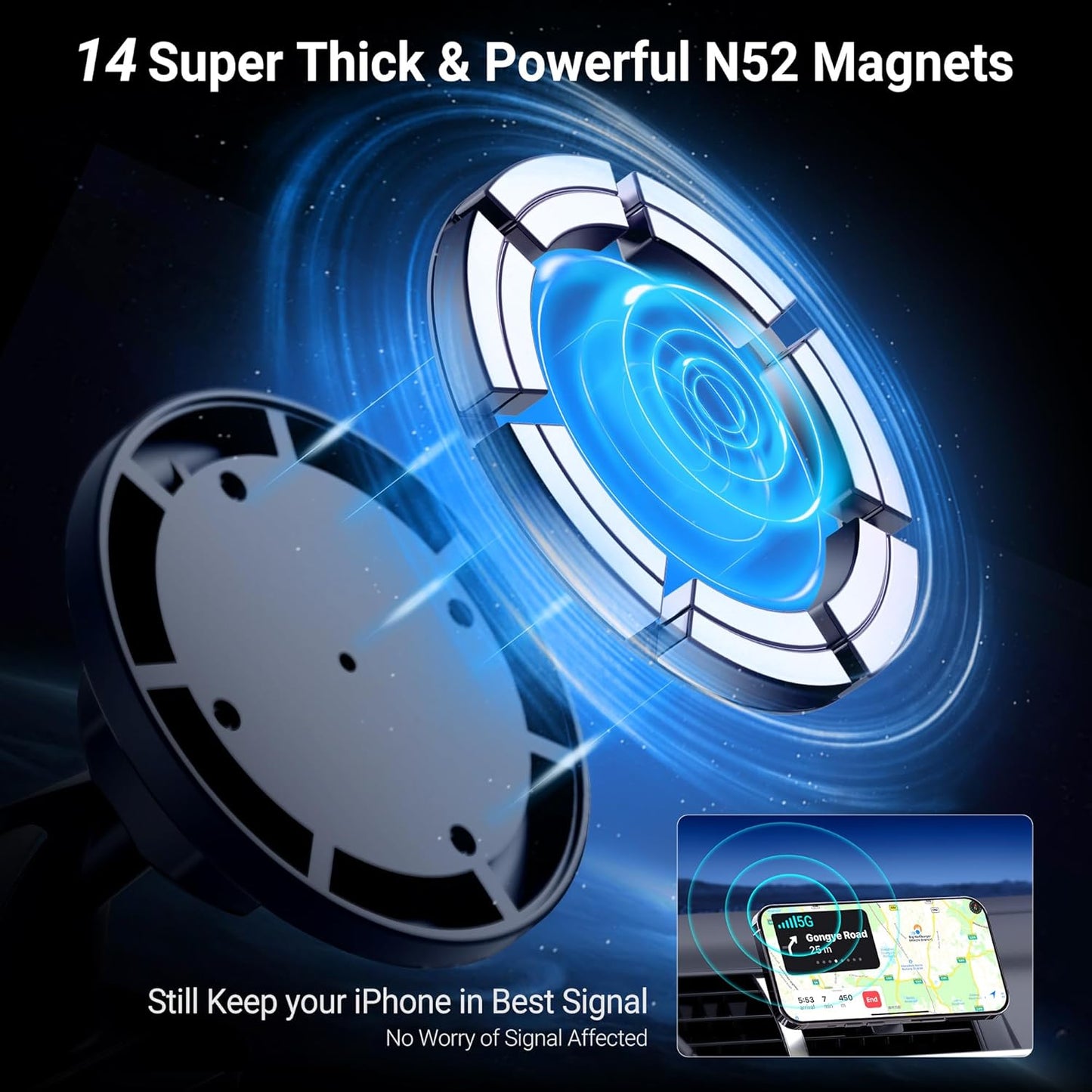 PROfezzion Rearview Mirror & Vent Clip Combo Magnetic Phone Holder Compatible with MagSafe on Car Rear View Mirror for iPhone 16 15 14 13 12 Pro Max Plus, MagSafe Case & All Phones [No Vibrating]