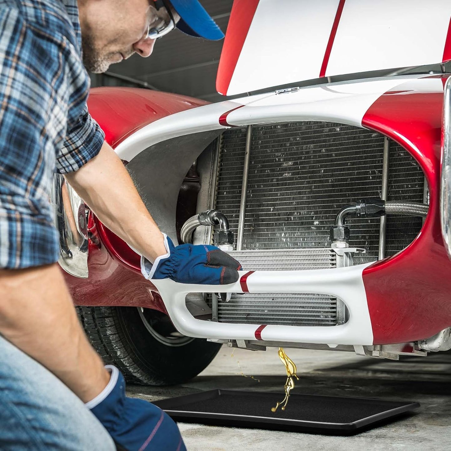 Uiifan 2 Sets 27'' x 20''x 1.4'' Oil Drain Drip Pan for Car with Square No Splatter Pad Oil Drip Tray with Mat for Under Car Transmission Garage Automotive Driveway to Keep Floor Clean, Black