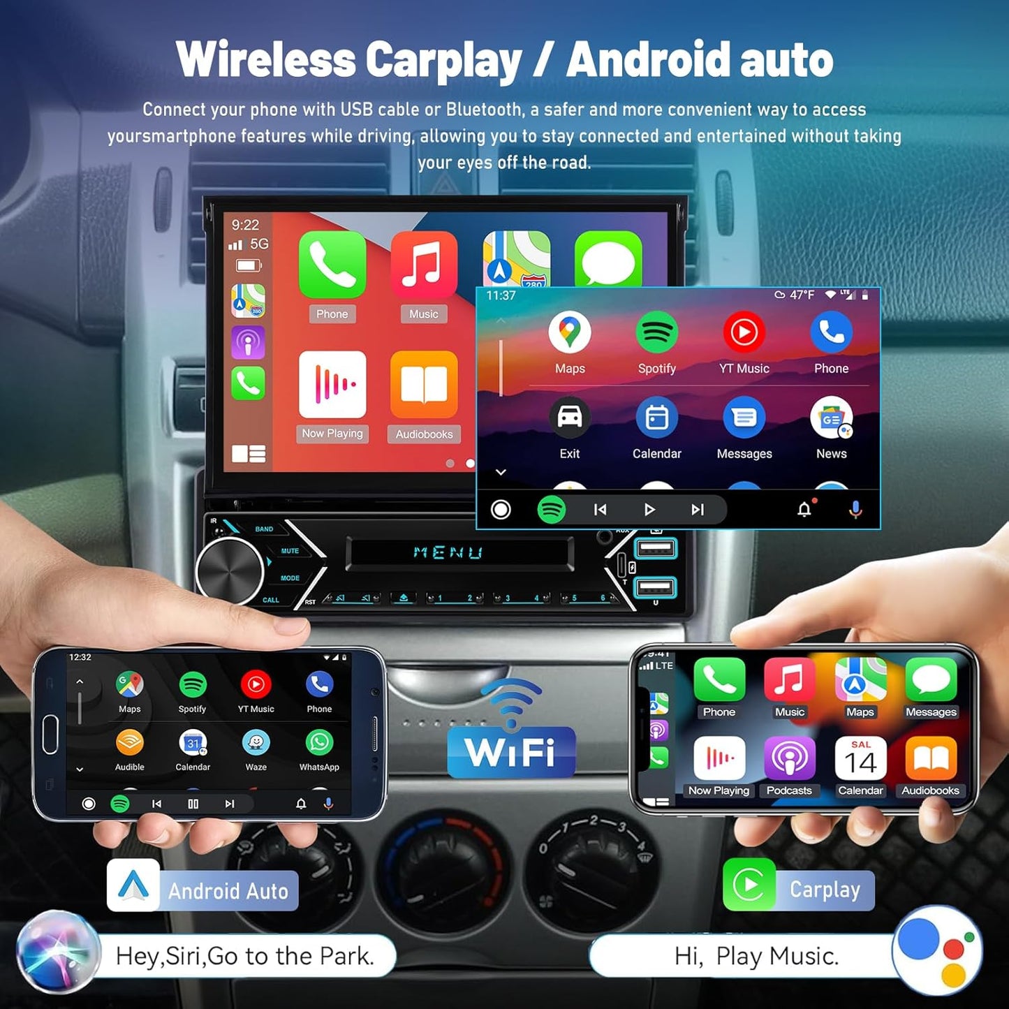 Single Din Car Stereo with Wireless Carplay and Android Auto - 7 Inch Automatic Flip Out Touchscreen Car Radio - Bluetooth/Mirror Link/SWC/FM + 12leds Backup Camera