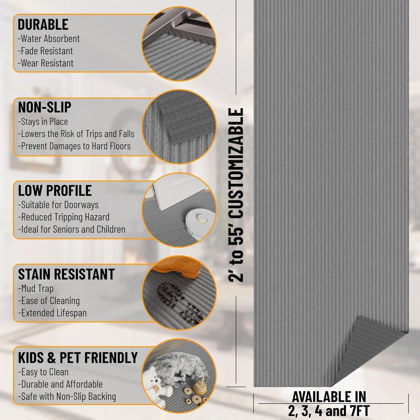 Ottomanson 2' x 8' Hallway Runner with Scraper Pile - Extra Durable Non-Slip Rug Mat for Indoor & Outdoor Use - Ideal for Kitchen, Entryway, Patio & Garage - High-Traffic Carpet, Gray