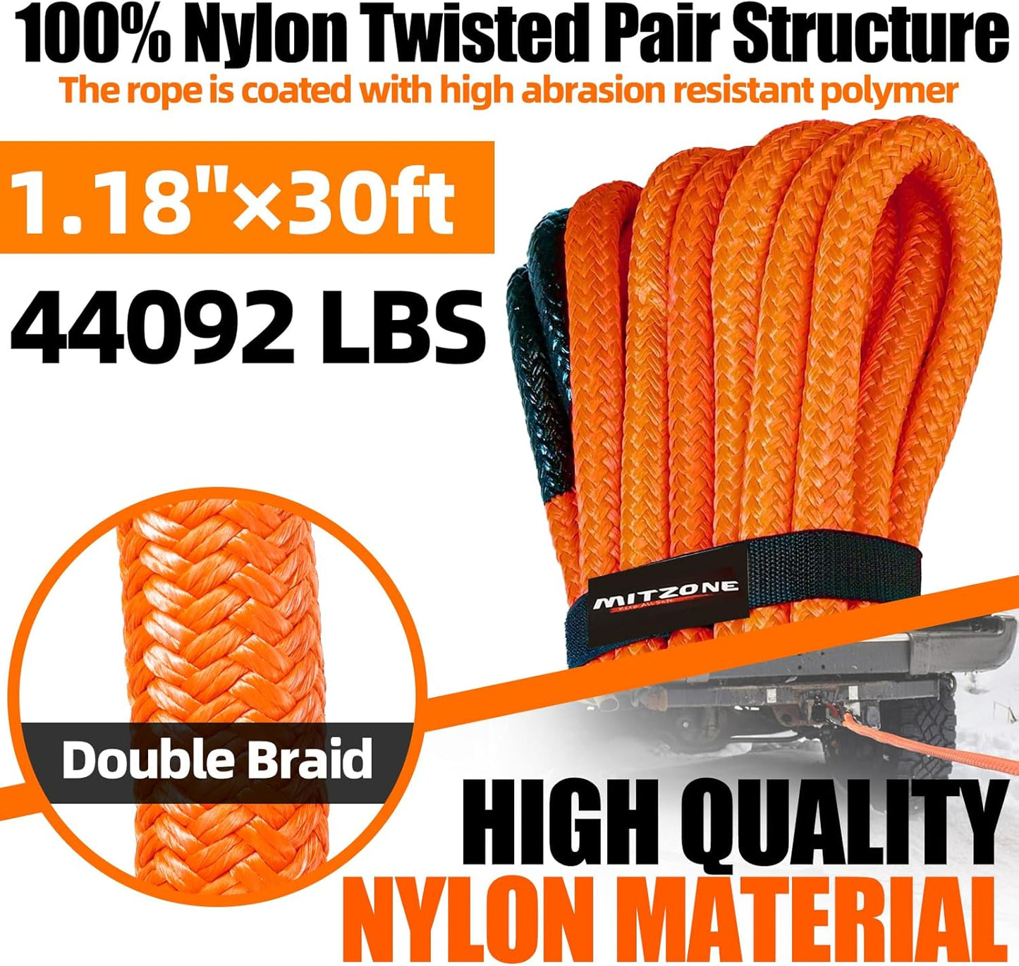 MITZONE Recovery Tow Strap,Heavy Duty Tow Strap Recovery Kit,Car Vehicle Heavy Duty Recovery Rope 44092 lbs for Diesel Trucks,SUV, ATV,Backhoe, Excavators,Ring Shackles,Storage Bag