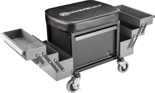 Powerbuilt Rolling Seat with Expandable Tool Trays, Roller Toolbox Garage Stool - Grey 941918ECE