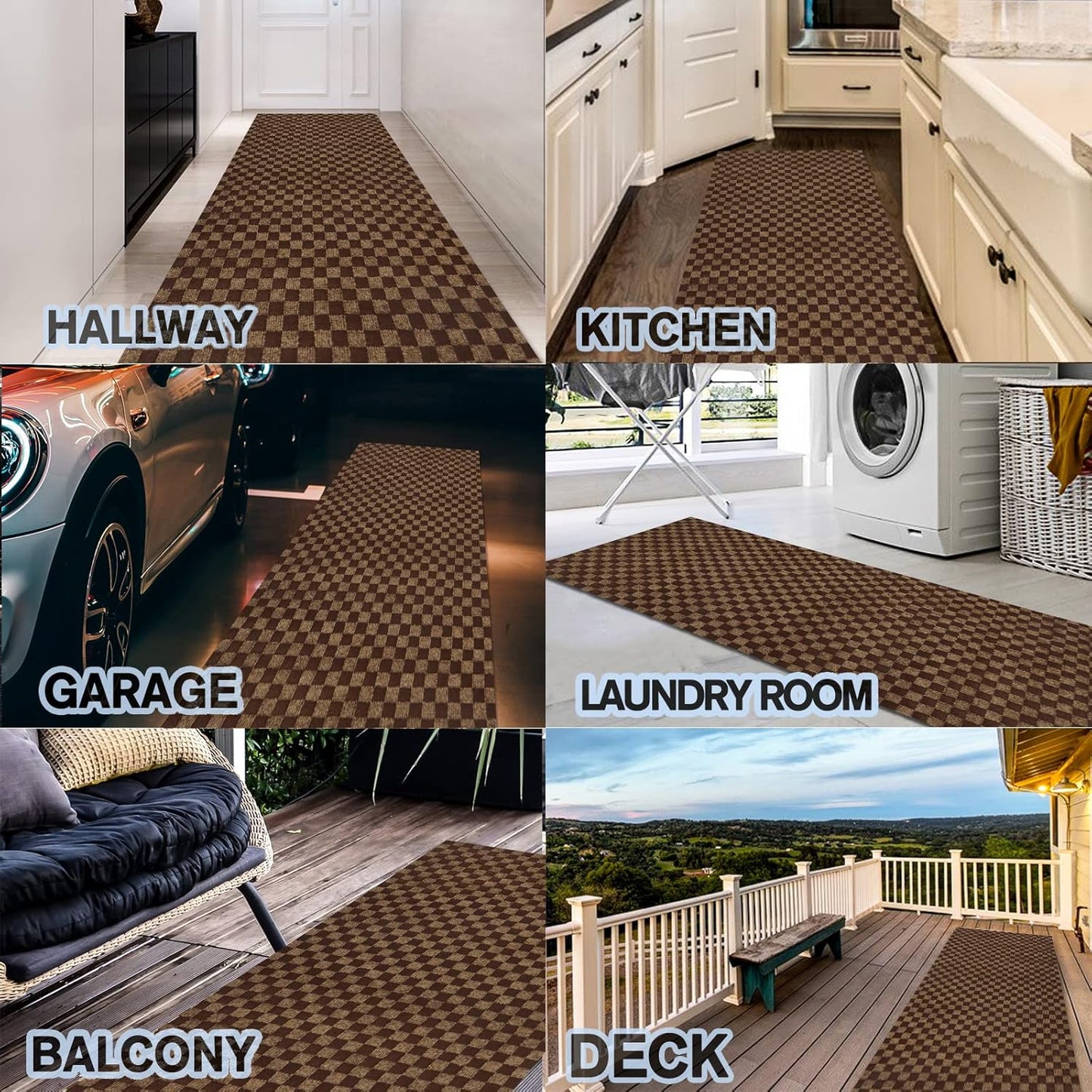 Custom Size Backed Non-Slip Area Rugs Runner, Easy Clean, Waterproof Runner Rugs for Hallway Entryway, Kitchen, Laundry, 2FT x 45FT, Brown Checkered