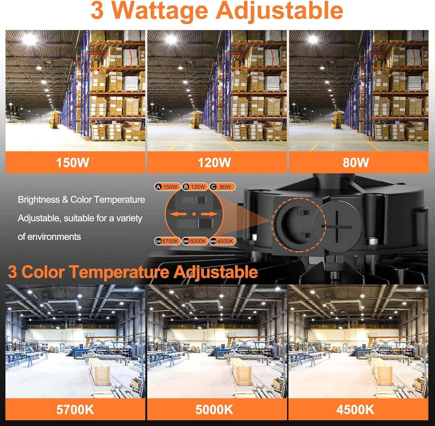 8Pack LED High Bay Lights, 150W UFO High Bay LED Shop Lights, 22500LM Adjustable CCT(5700K 5000K 4500K) & Power(150W 120W 80W), 0-10V Dimmable, 5' Cable Plug, IP65 Waterproof, ETL & DLC Listed