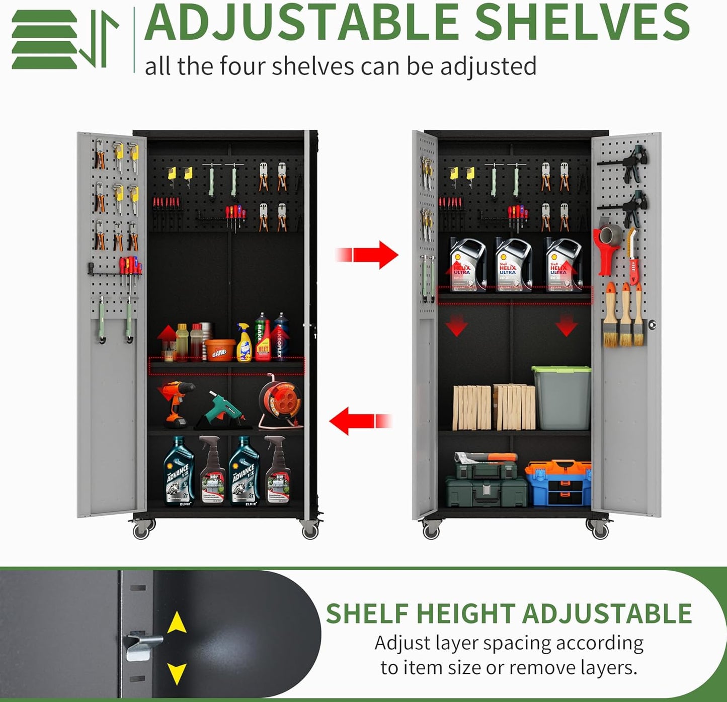 Metal Tool Cabinet,Garage Storage Cabinet System,Wall Cabinet & Locking Rolling Tool Cabinet with Doors and Adjustable Shelves,Steel Tool Cabinets for Home,Office (4 Pcs-StyleB, Black & Grey)