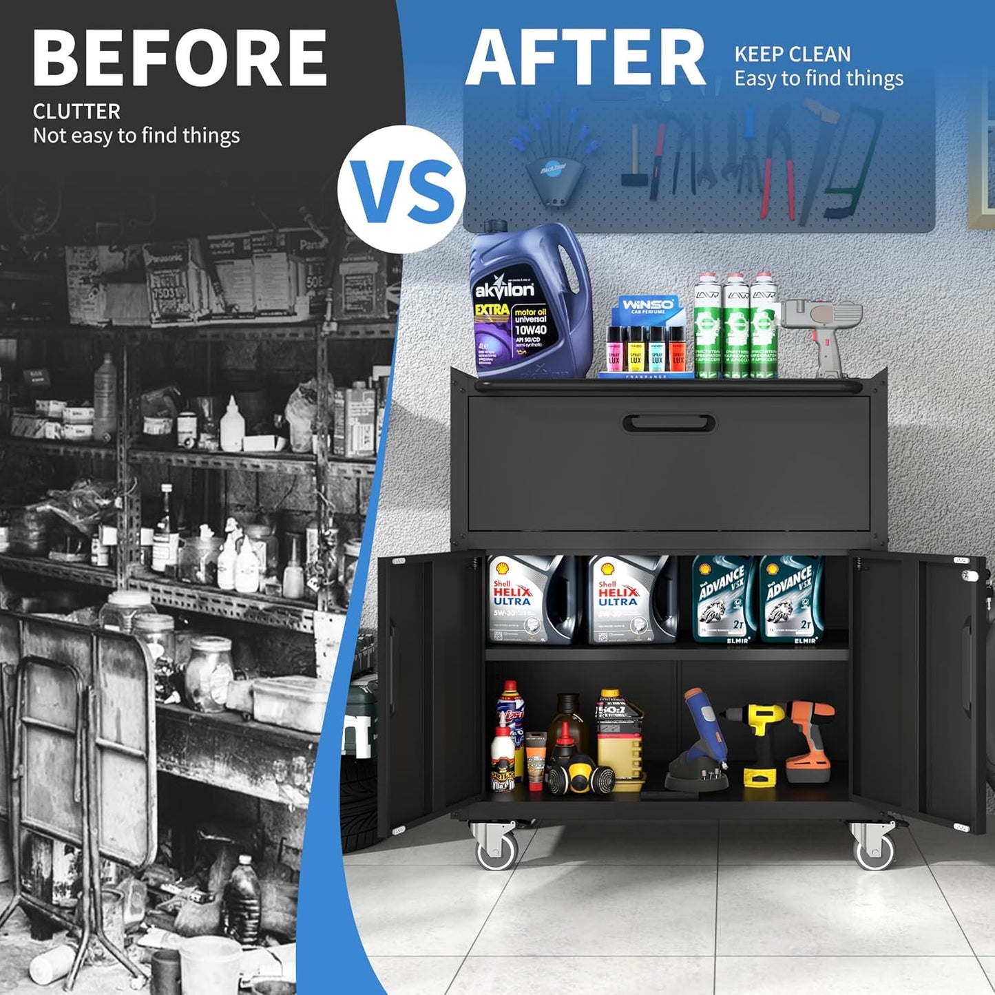 Metal Storage Cabinet with Wheels, Lockable Garage Cabinet with 2 Doors and 1 Drawer, Rolling Tool Storage, Assembly Required, Black