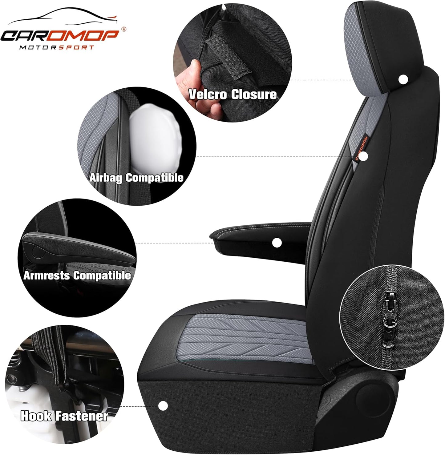 CAROMOP Luxury Faux Leather&Fabric Car Seat Covers Full Set with Breathable 3D Foam Back Support,Universal Comfortable Seat Covers for Cars,Trucks,SUVs, Front Armrests Compatible(5-Seat Black/Grey)