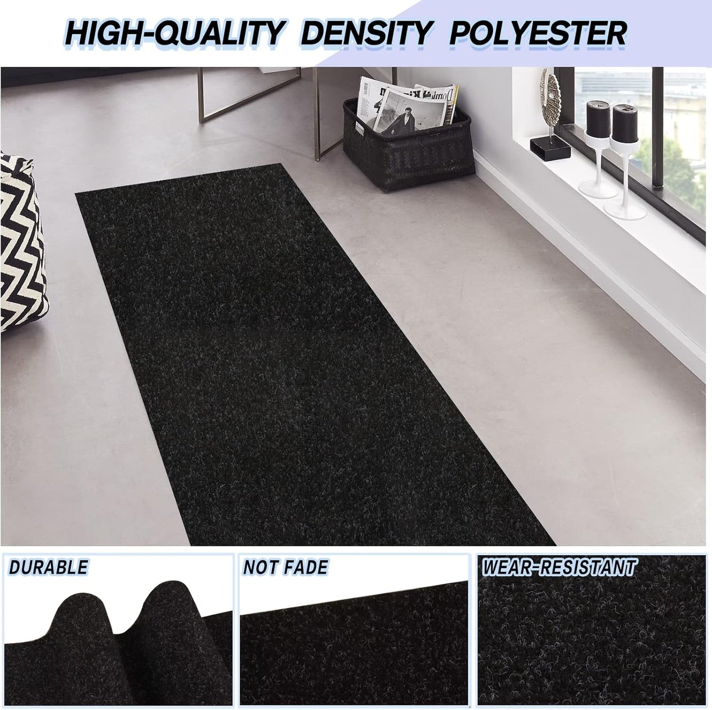 Custom Size Backed Non-Slip Area Rugs Runner, Easy Clean, Waterproof Runner Rugs for Hallway Entryway, Kitchen, Laundry, 4FT x 79FT, Black