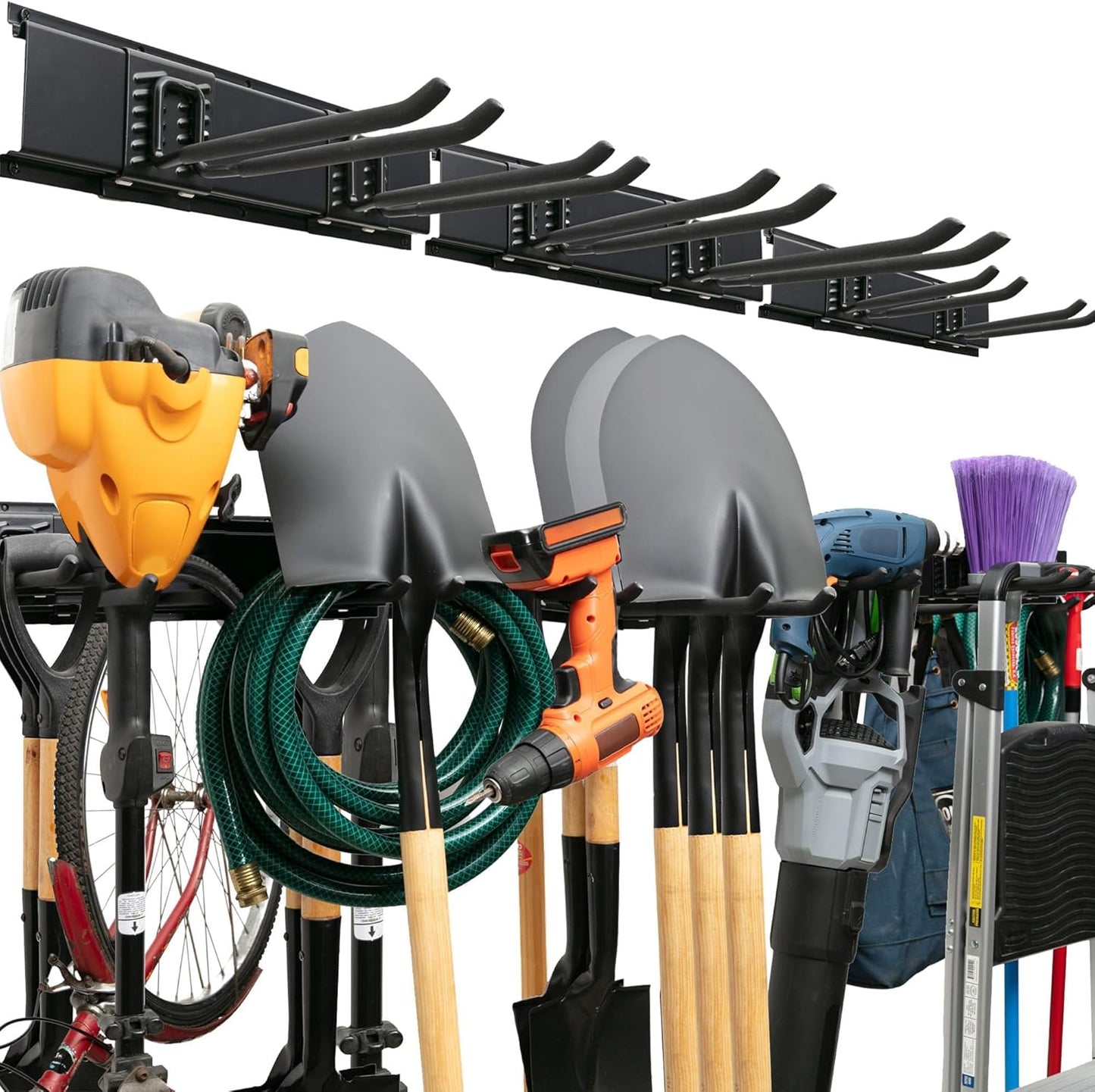 Garage Tool Organizer Wall Mount - 48 inches - Sturdy Storage Rack with Adjustable Hooks, Anti-Rust - Easy Installation, 300lbs Capacity - Garden Tool Organizer (03 Racks & 06 Hooks)