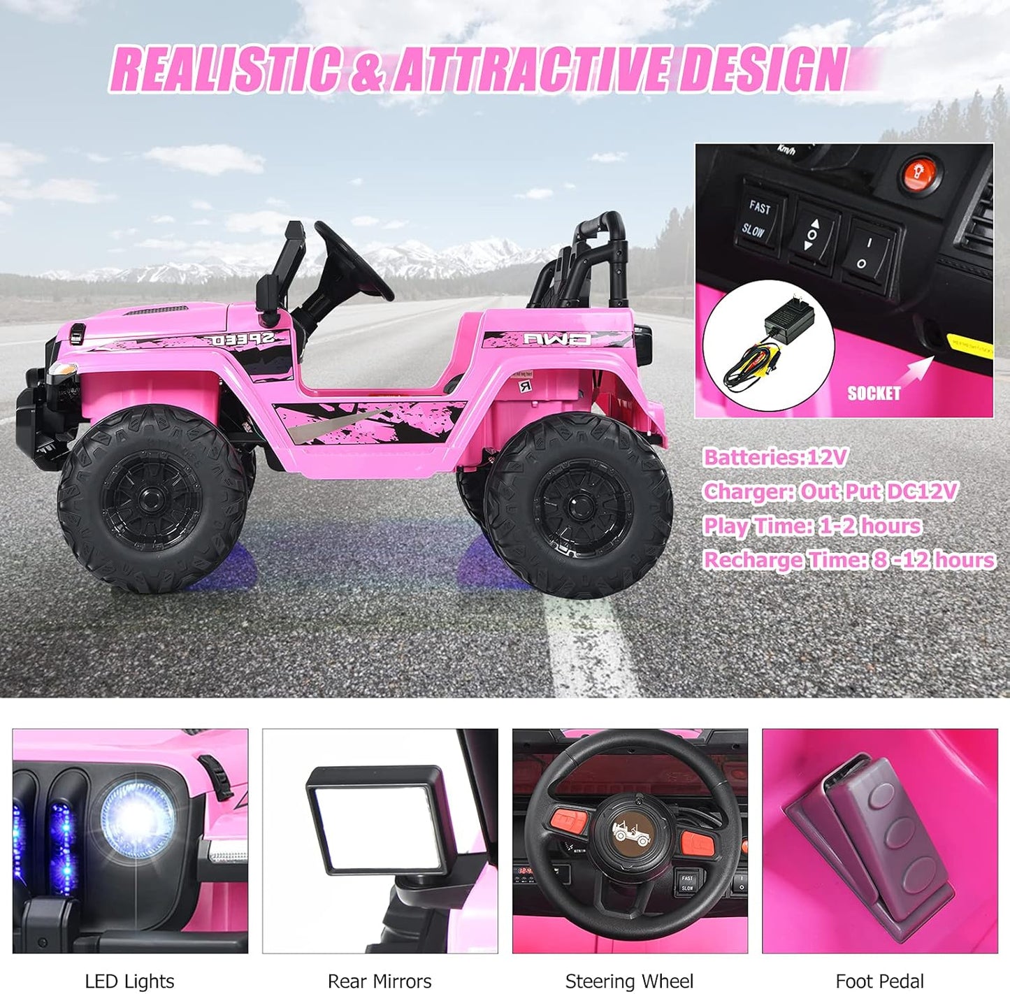 INFANS Ride on Car Truck with 2.4G Remote Control, 12V Battery Powered Electric Cars for Kids w/3 Speeds, Battery Display, LED Lights, Safety Belt, Music & Horn, Bluetooth/FM/USB (Pink)