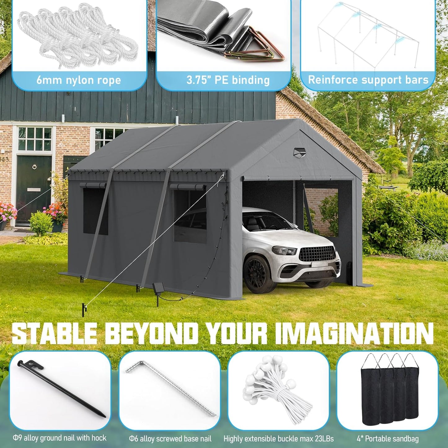 10x20 Carport Canopy, Heavy Duty Car Port, Portable Car Ports Garage with 2 Roll-Up Zipper Drive Through Doors, Grey