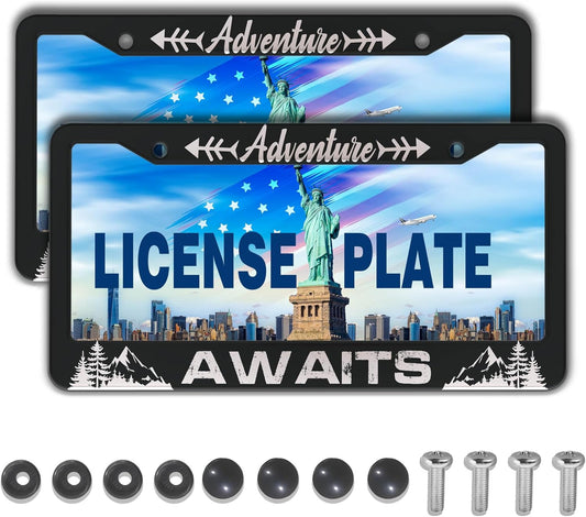 License Plate Frames for Men Black and White Car Plate Frames for Women Adventure Awaits Aluminum Metal Car Accessory 2 Pack with Screw Covers Set