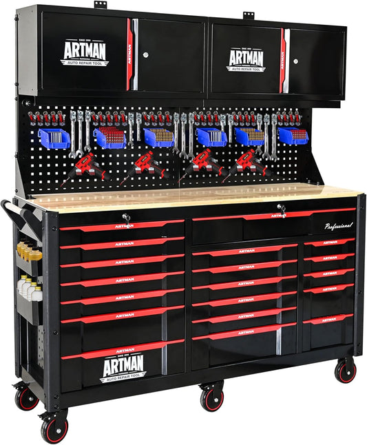 72-Inch Garage Cabinets and Storage System with 19 Drawers Rolling Tool Chest Large Mobile Workbench Heavy Duty Wood Top Tool Cart on Wheels for Garage, Workshop, Warehouse, Laboratory